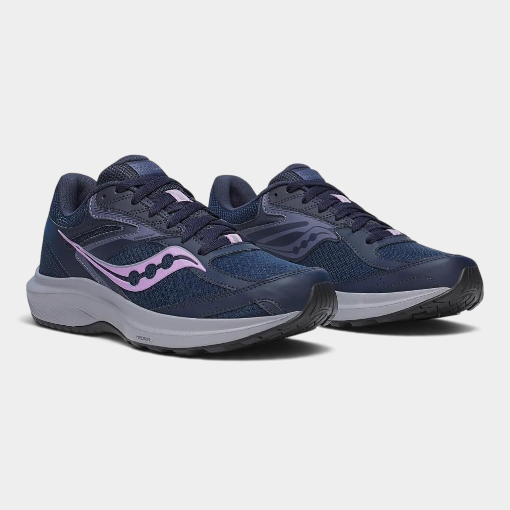 A pair of Saucony athletic running shoes in navy blue with a distinctive light purple logo and purple accents, set against a clean light gray background.