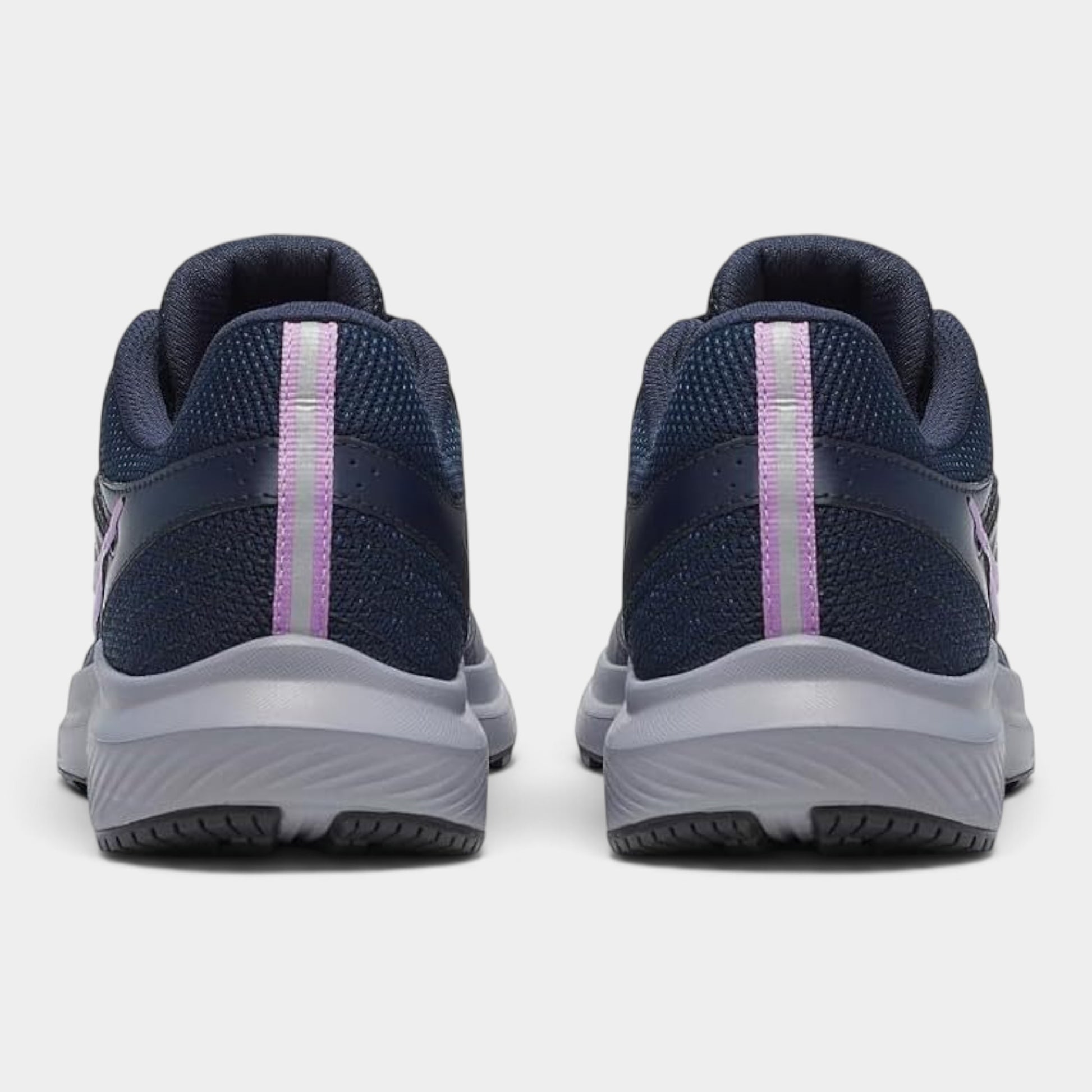 A pair of navy blue athletic sneakers shown from the rear, featuring a textured knit upper, a vertical light purple stripe on the heel, and a thick gray and black sole.