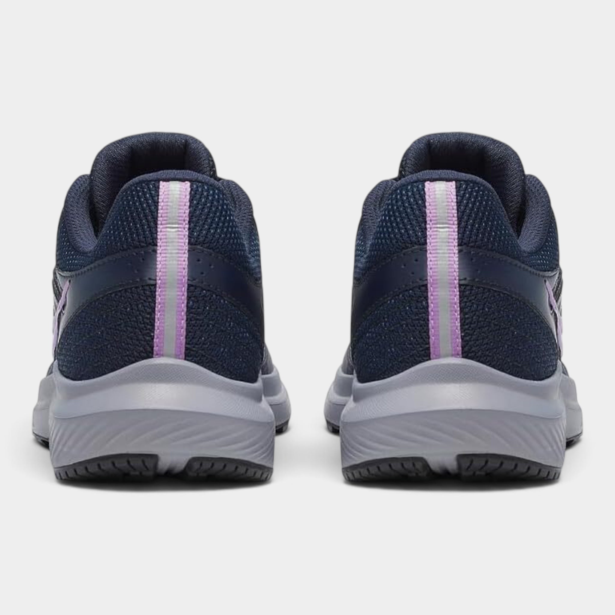 A pair of navy blue athletic sneakers shown from the rear, featuring a textured knit upper, a vertical light purple stripe on the heel, and a thick gray and black sole.
