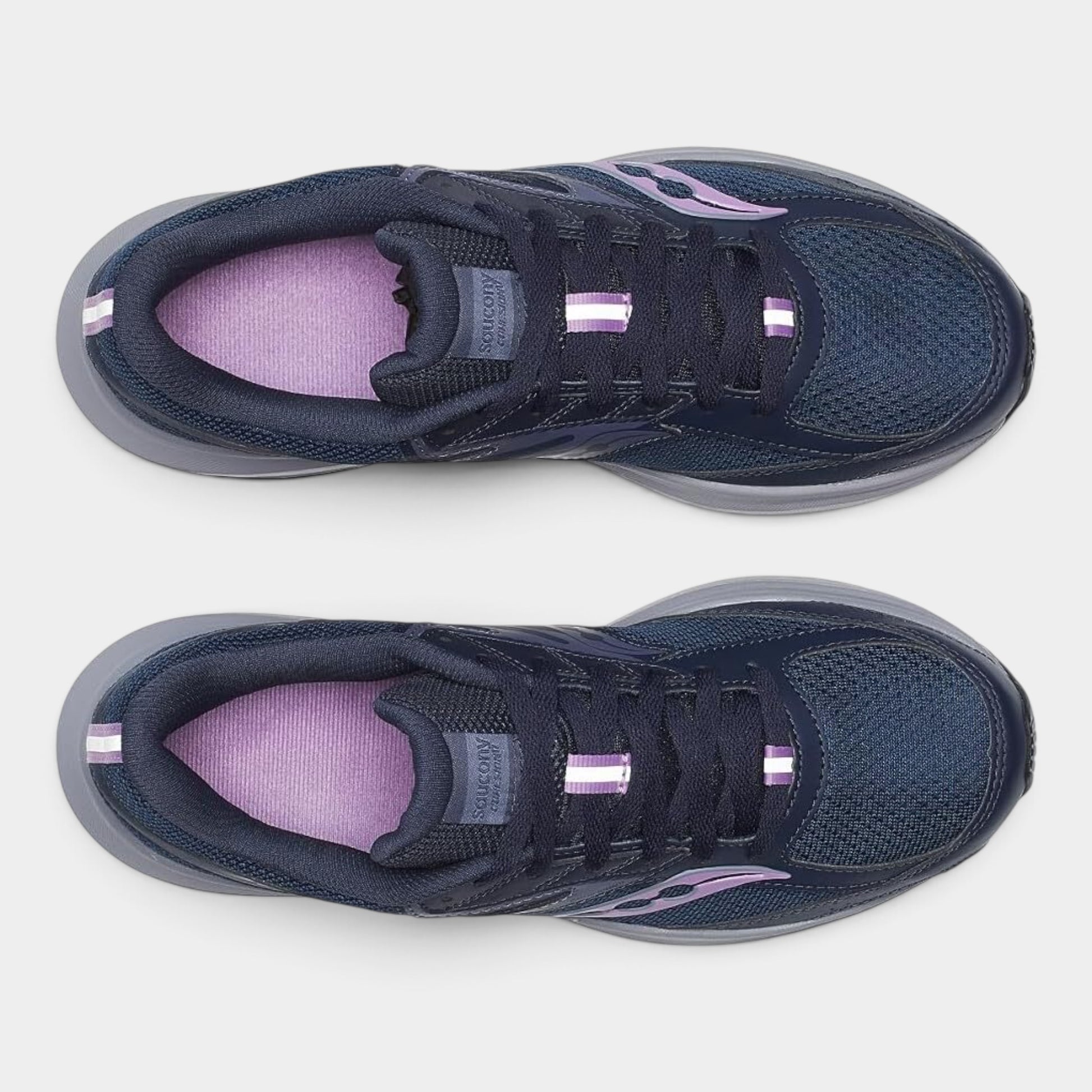 A pair of Saucony running shoes shown from a top-down view, featuring a dark navy blue mesh upper with light purple accents on the logo, laces, and lining, set against a light gray background.