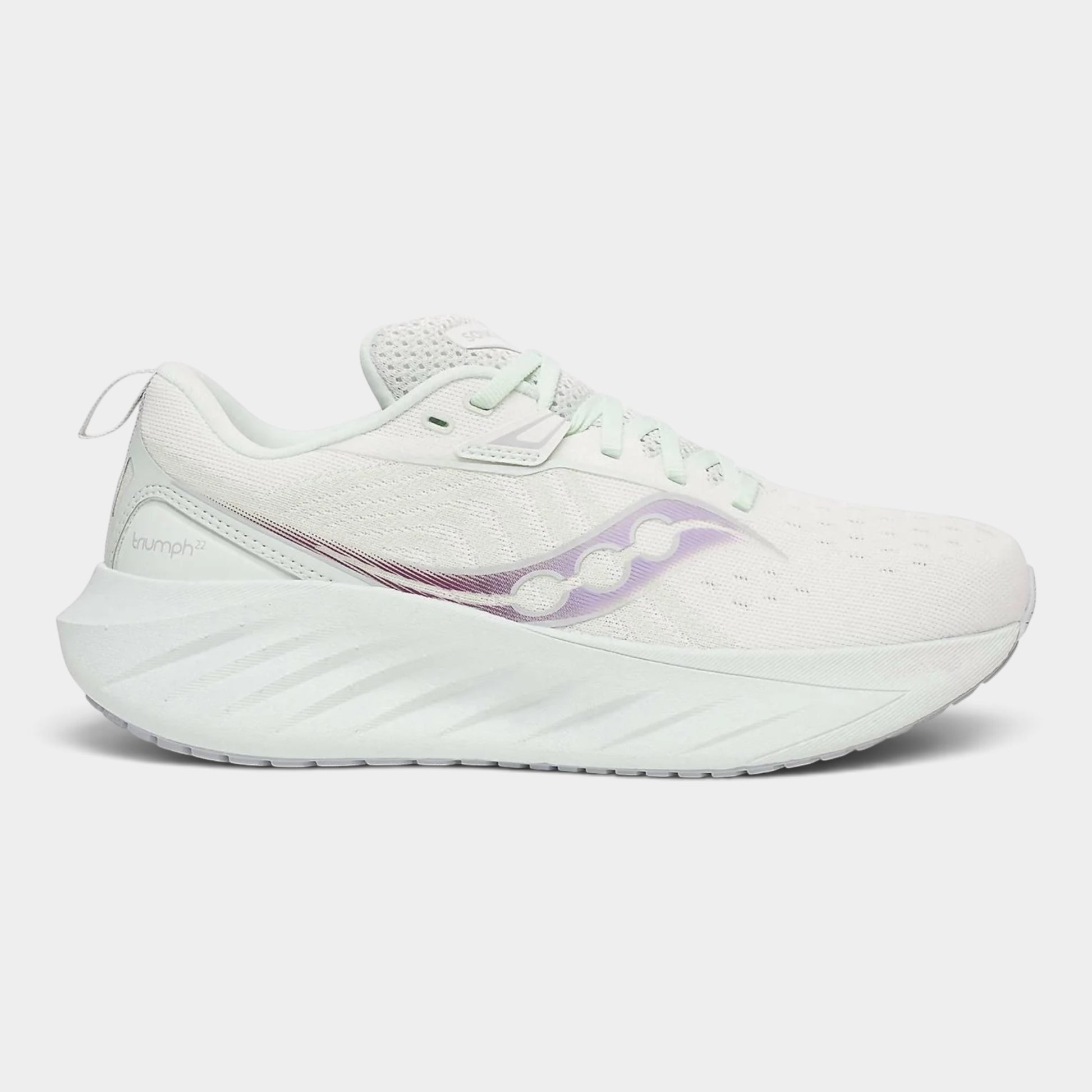 A white Saucony running shoe with a light purple reflective logo stripe, shown from the side against a light gray background.