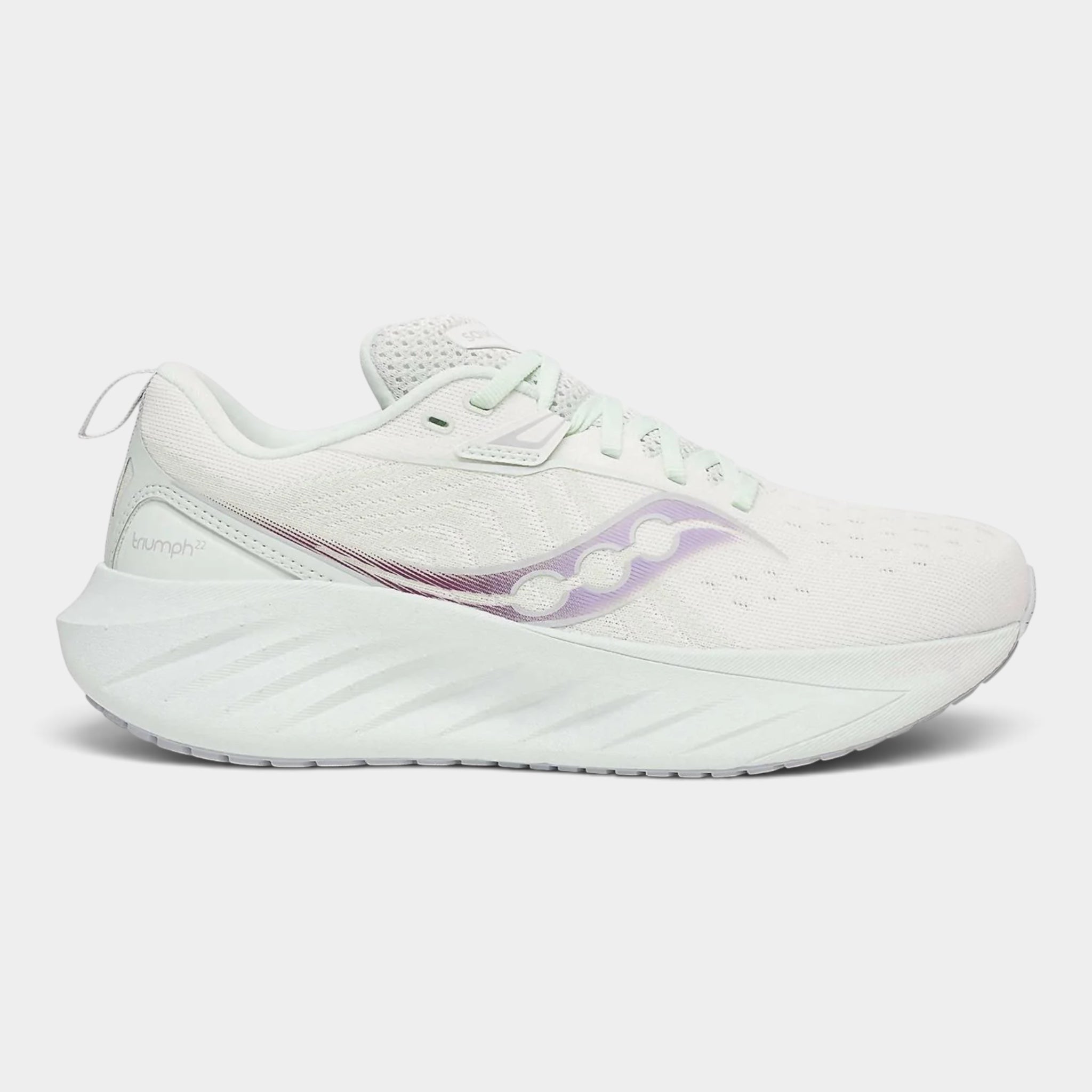 A white Saucony running shoe with a light purple reflective logo stripe, shown from the side against a light gray background.