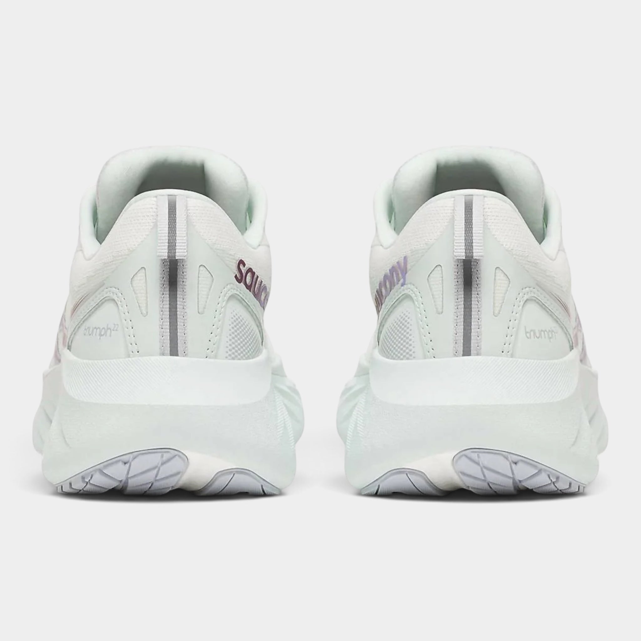 A pair of white and pale mint running shoes shown from the back, featuring textured white midsoles, gray heel accents, and purple 'SOLLY' branding on a light gray background.