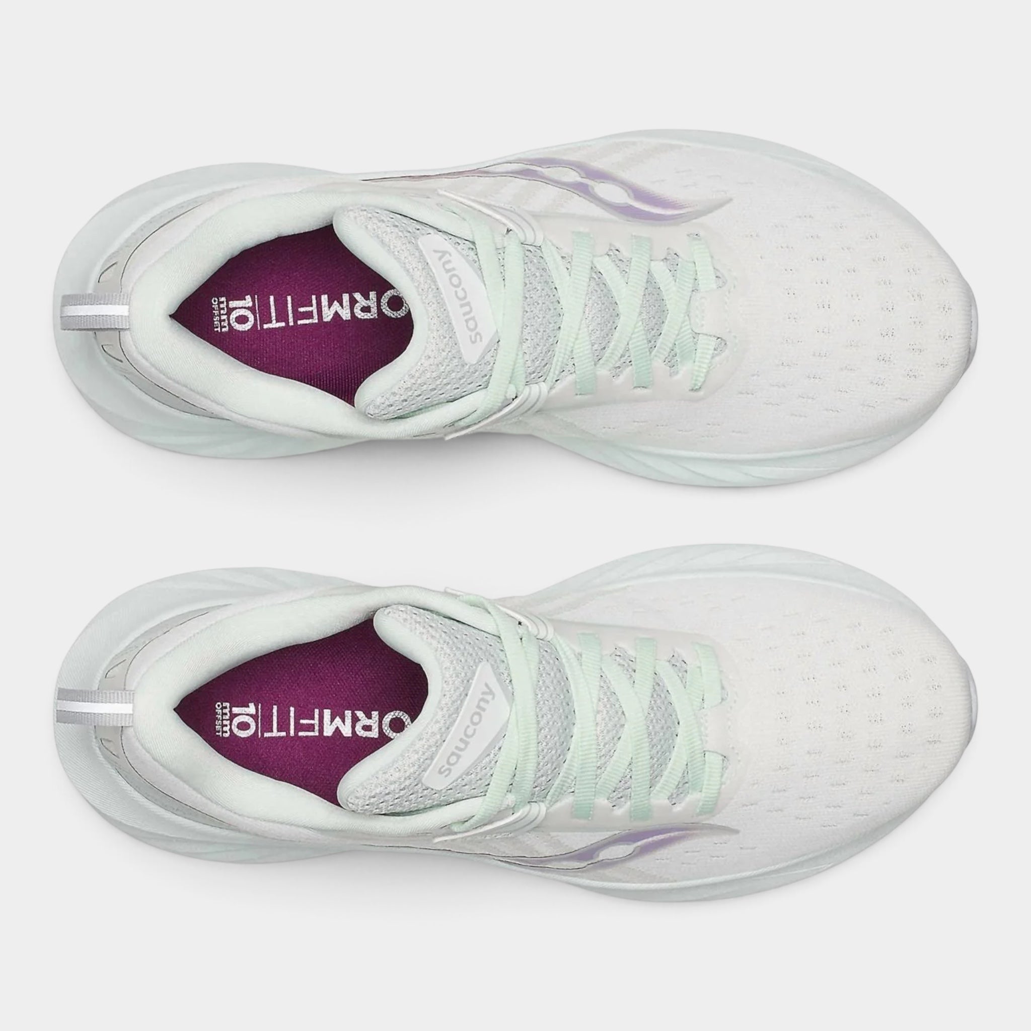 A pair of Saucony running shoes shown from a top-down view on a light gray background. The shoes are primarily white with mint green laces and a purple interior lining.