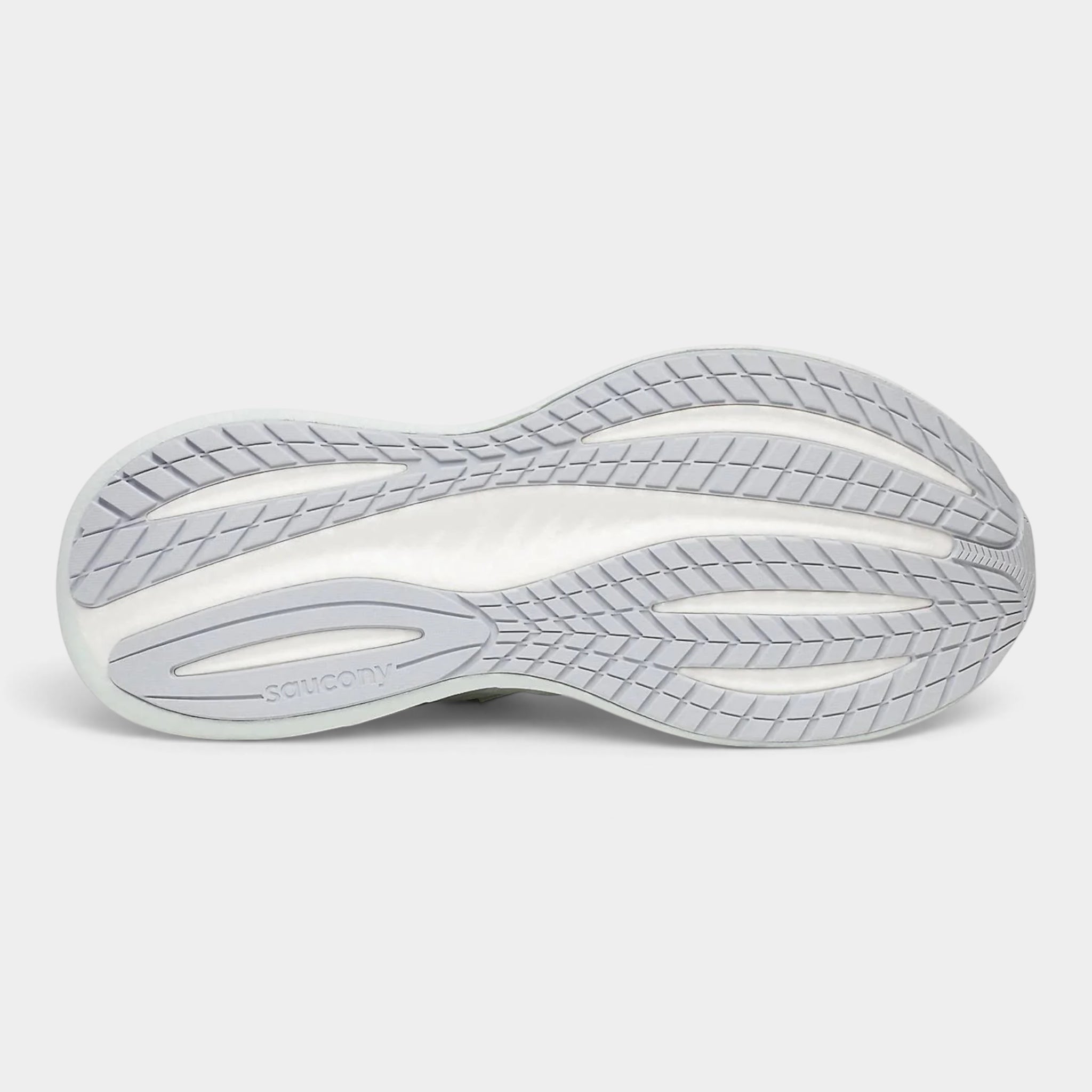 The outsole of a Saucony athletic shoe, showing a white and light gray tread pattern on a light gray background.