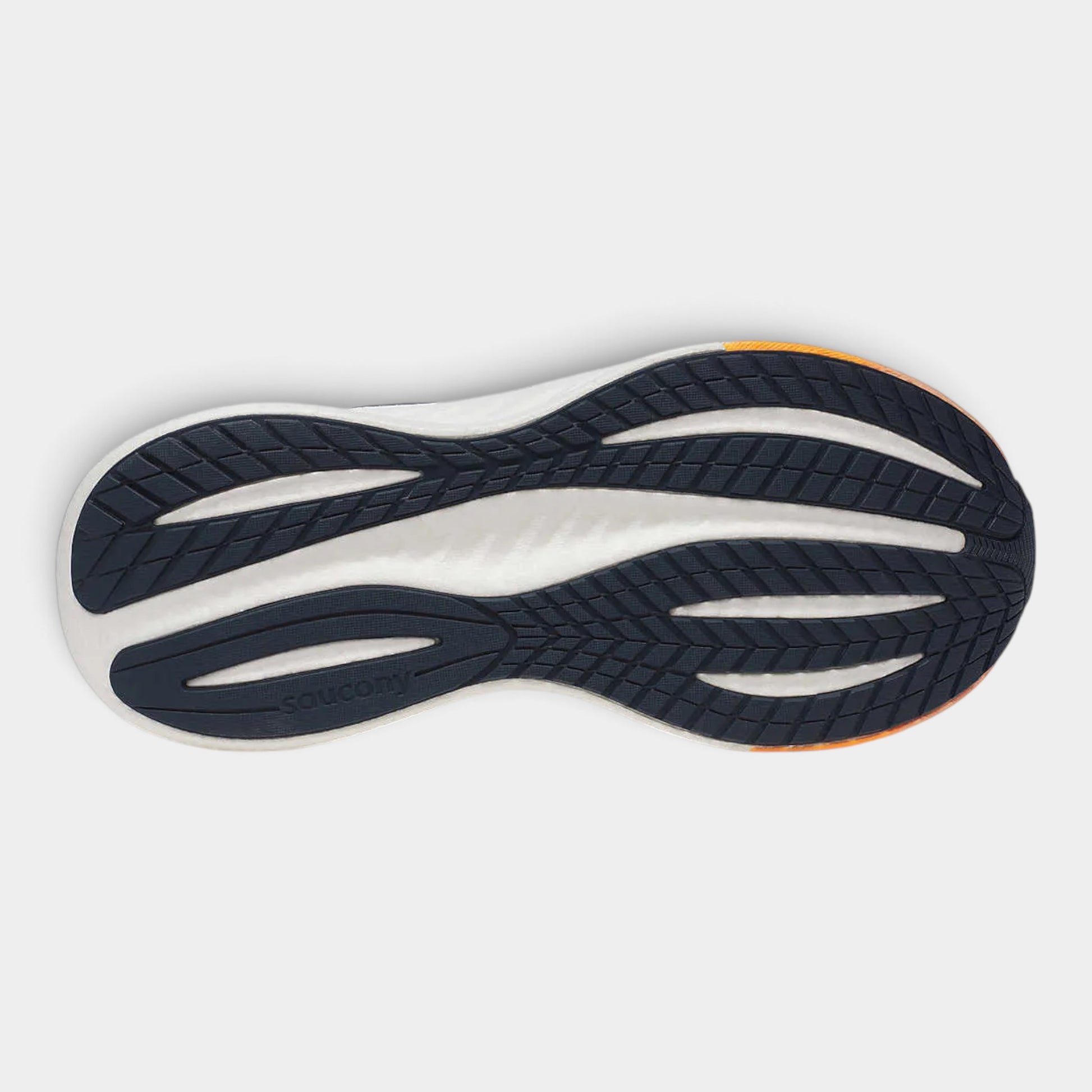 The outsole of a running shoe shown from a top-down view, featuring a dark navy blue textured tread pattern over a white cushioned midsole with a small orange accent at the heel.