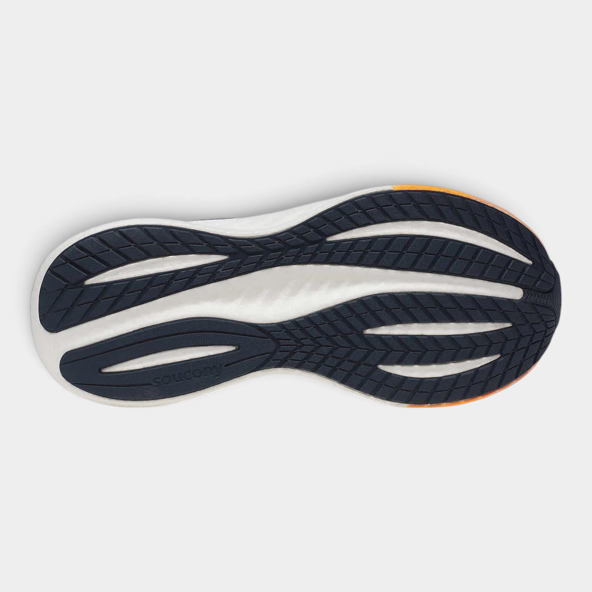 The outsole of a running shoe shown from a top-down view, featuring a dark navy blue textured tread pattern over a white cushioned midsole with a small orange accent at the heel.