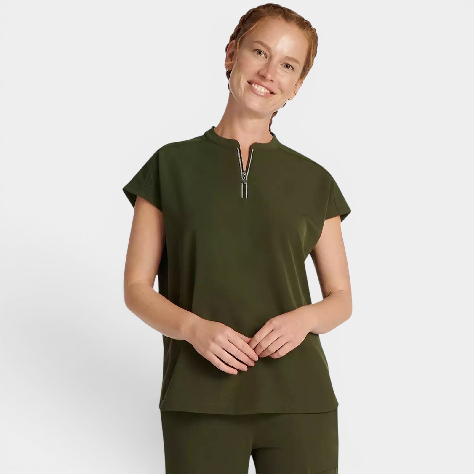 Read's Uniforms olive green relaxed fit dolman sleeve top with partial zip front and rounded hem.