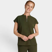 Read's Uniforms olive green relaxed fit dolman sleeve top with partial zip front and rounded hem.