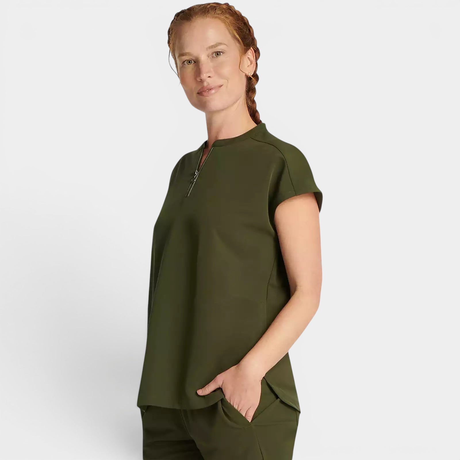 Read's Uniforms olive green relaxed fit dolman sleeve top with partial zip front and rounded hem.