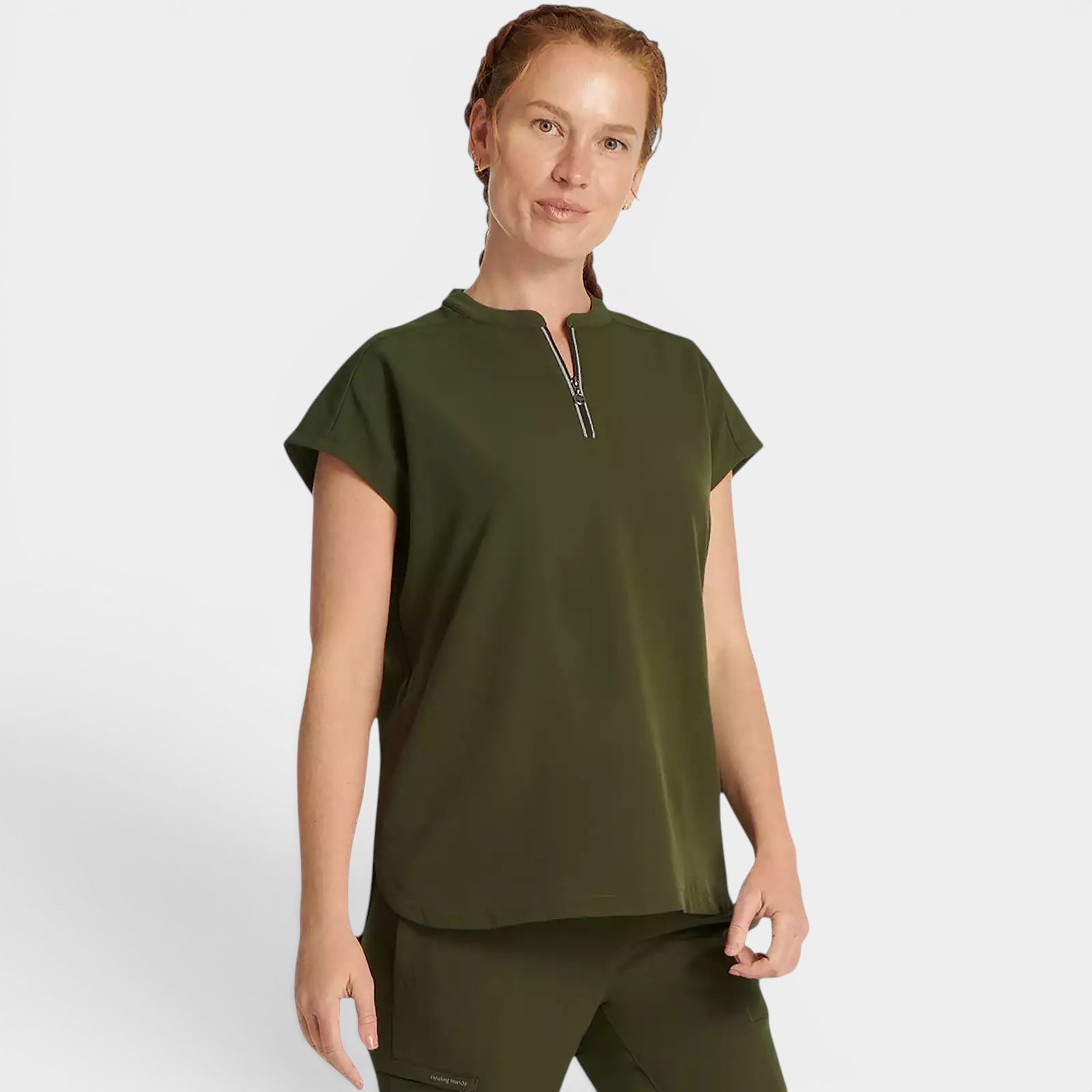 Read's Uniforms olive green relaxed fit dolman sleeve top with partial zip front and rounded hem.