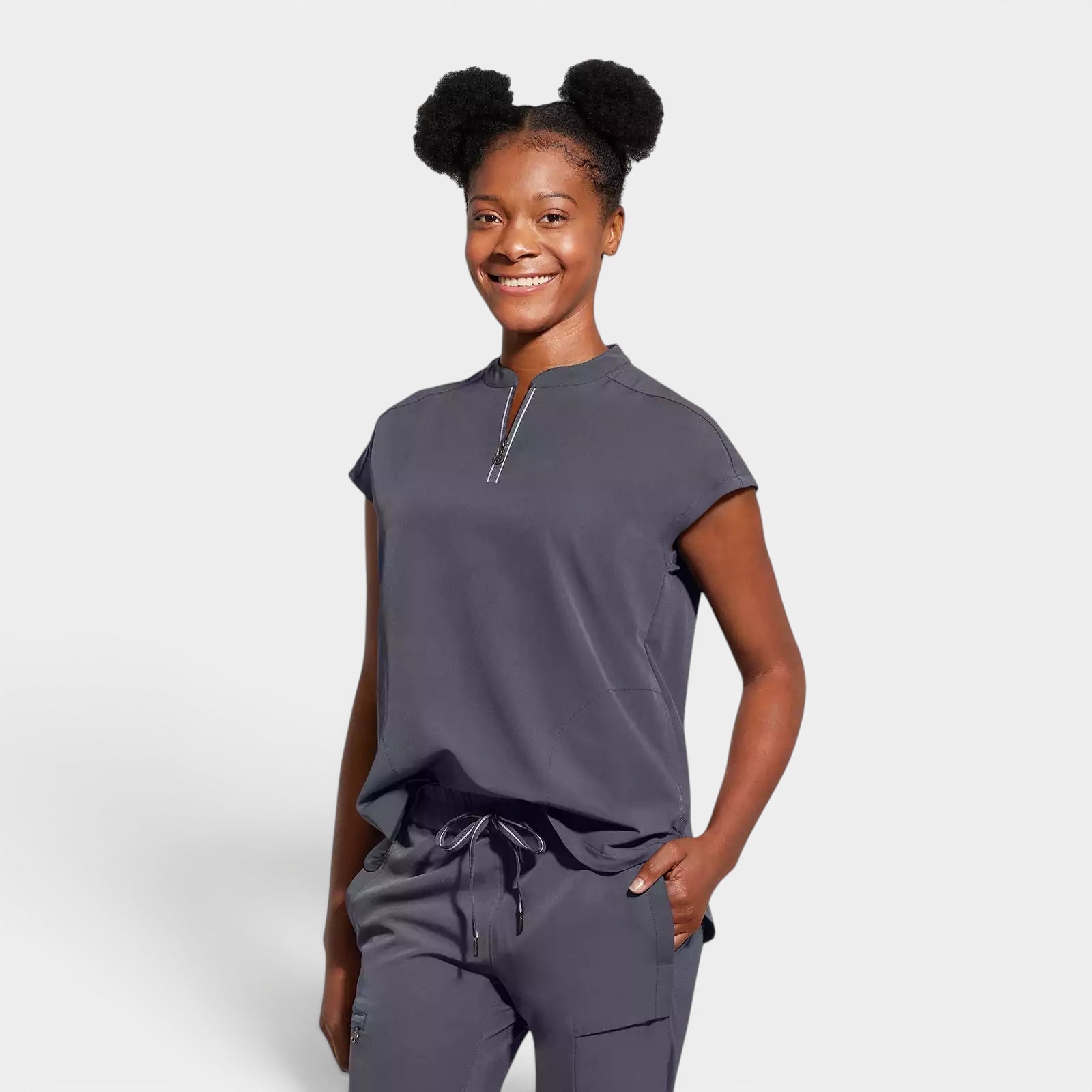 Read's Uniforms dark grey relaxed fit dolman sleeve scrub top with partial zip front and rounded hem.
