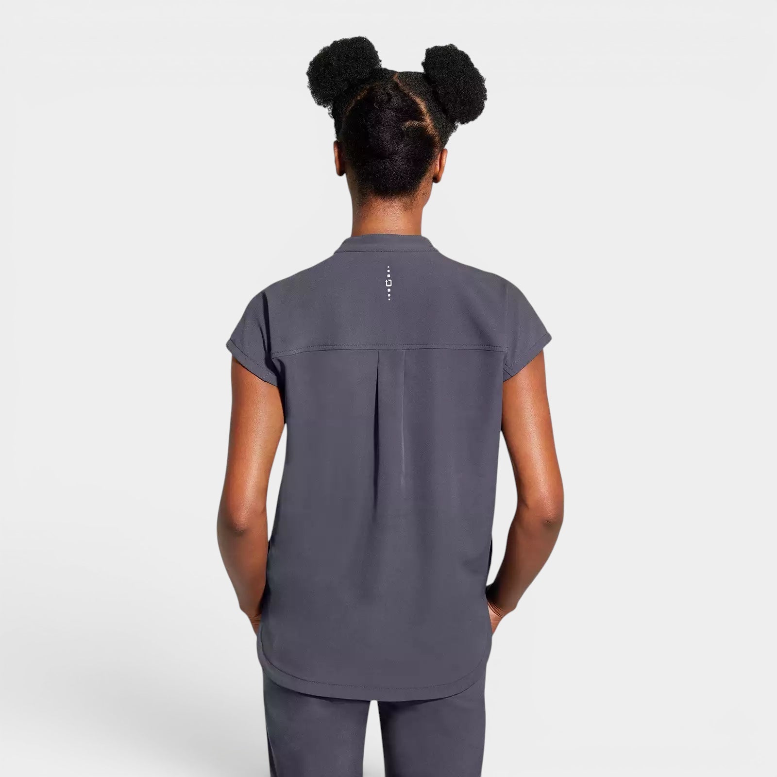 Read's Uniforms dark grey knit details relaxed fit dolman sleeve top with side vents and rounded hem.