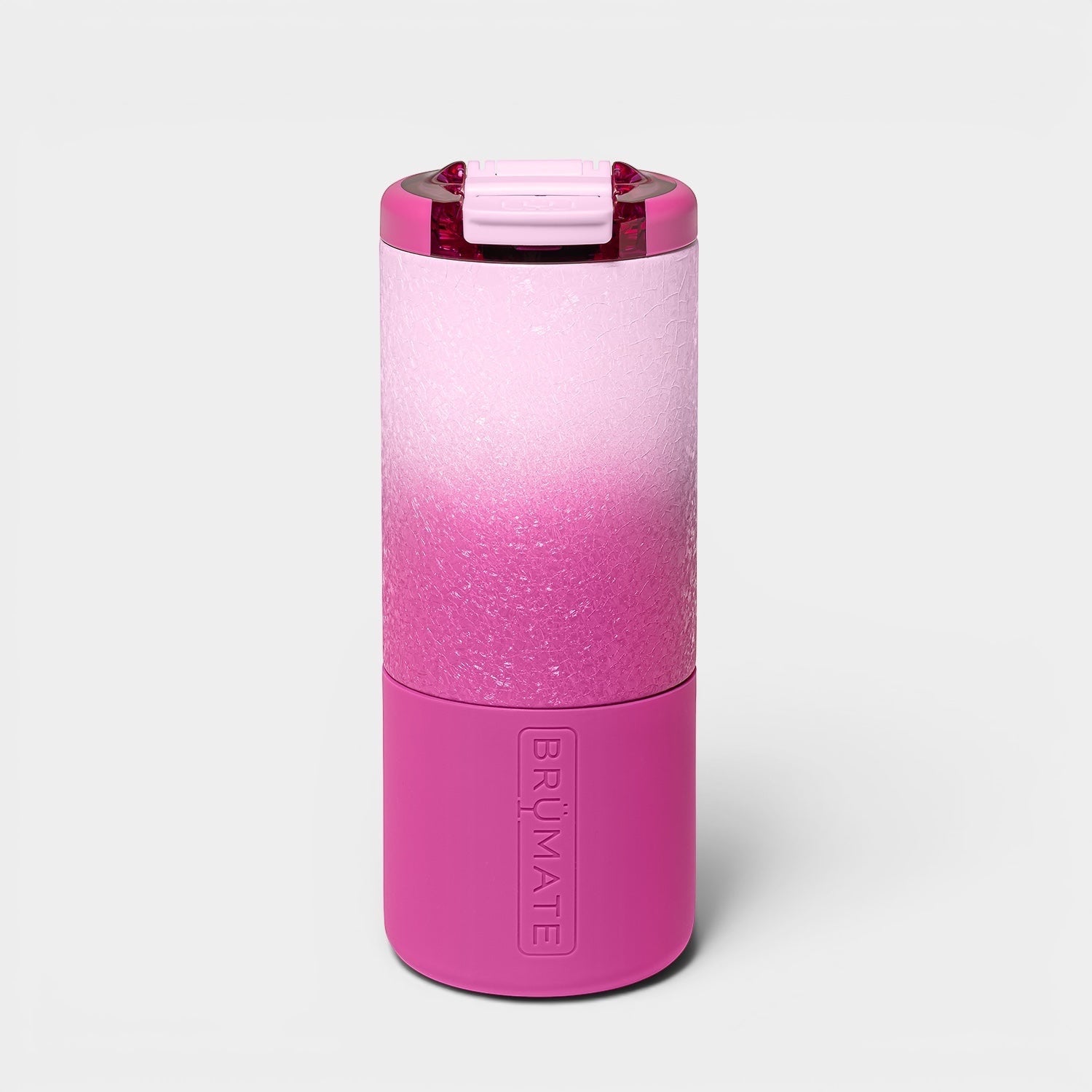 Read's Uniforms BrüMate Strova 18oz tumbler in a pink ombre textured finish with a leakproof BevLock lid.