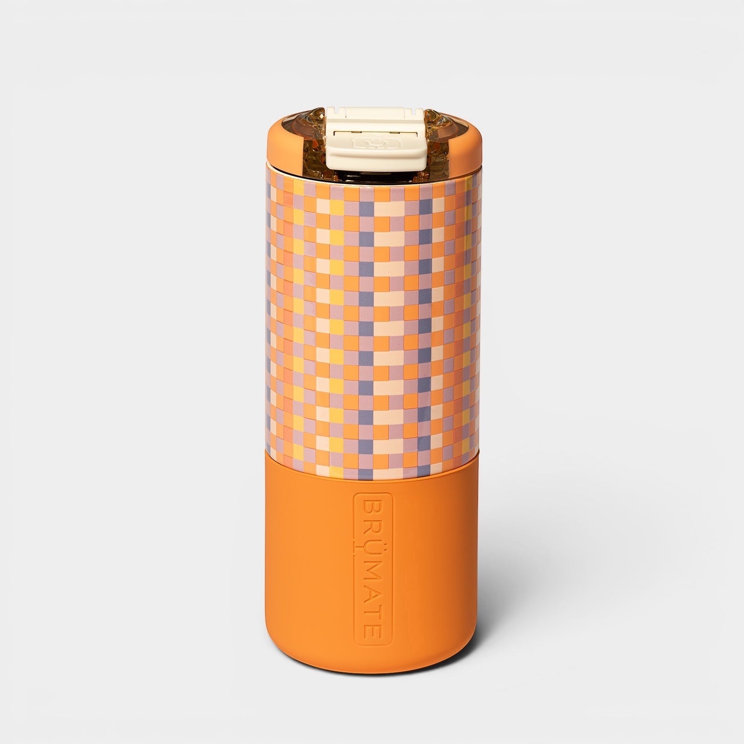 Read's Uniforms 18oz Brumate Strova ceramic-lined travel tumbler with an orange and purple checkered pattern.