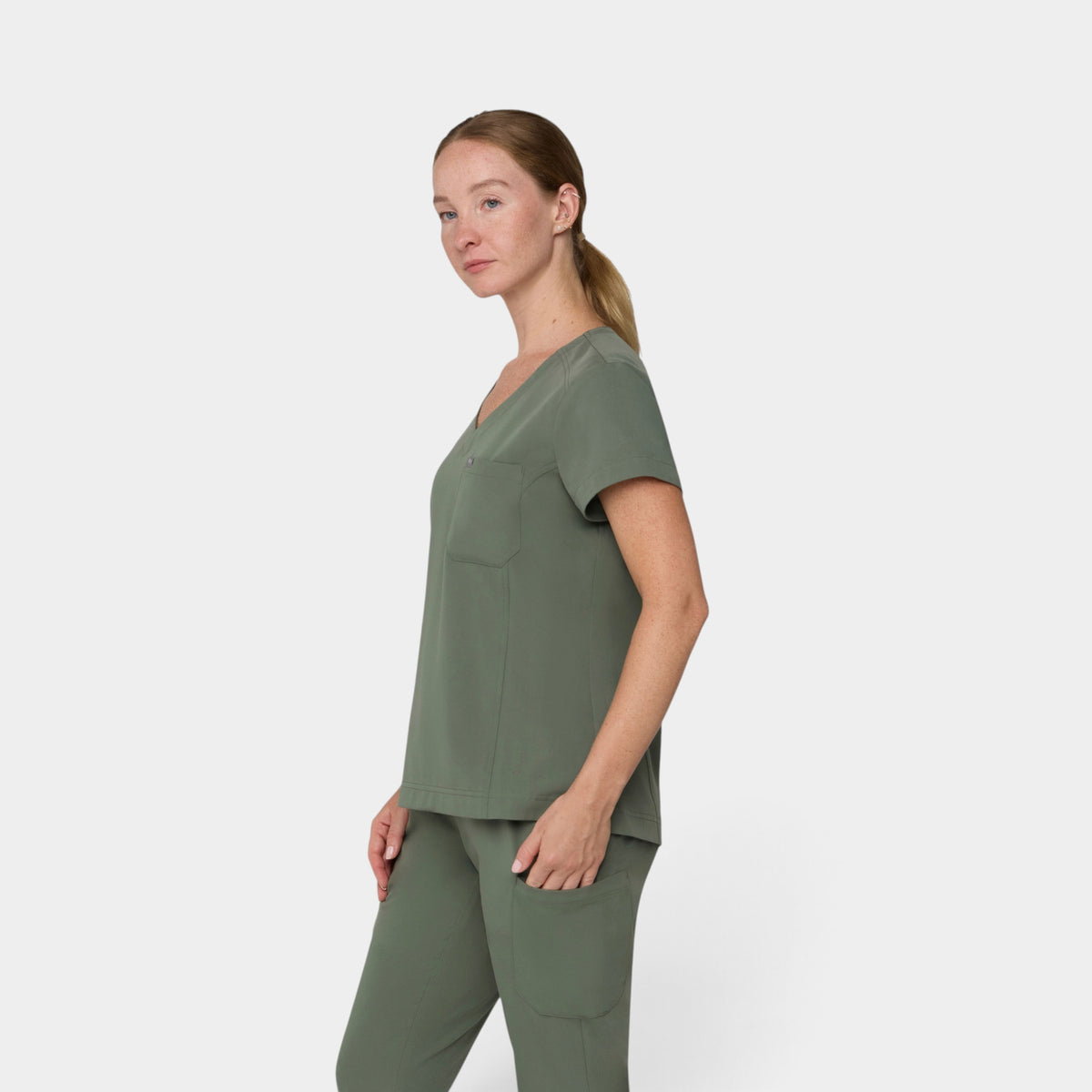 Chest Pocket Top With Curved Hem | T102