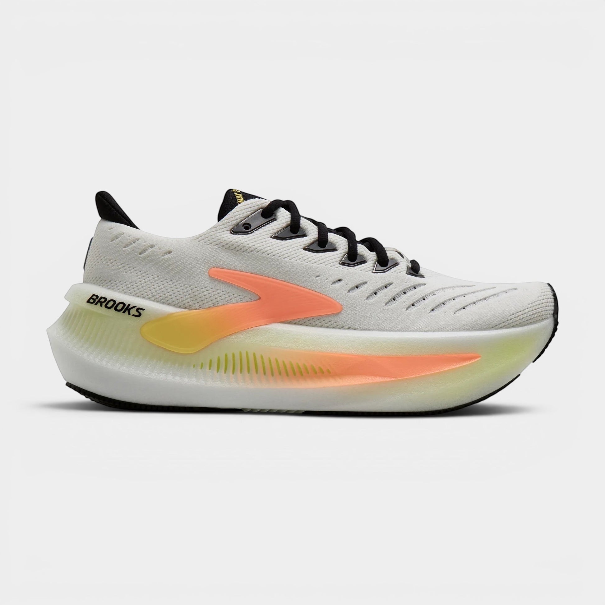 Read's Uniforms Brooks Glycerin Max 2 women's white running shoe with orange and yellow accents on the sole and side.