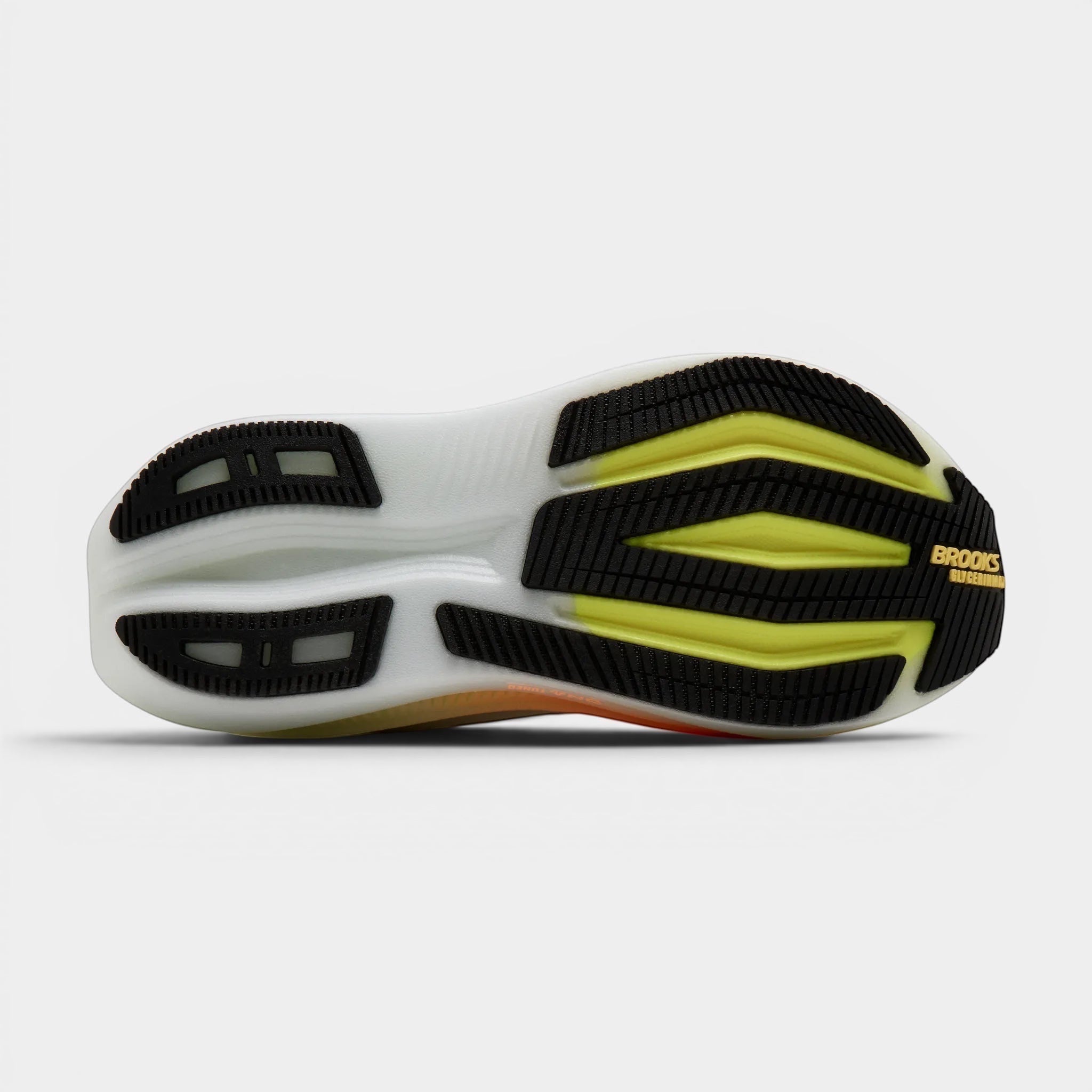 Read's Uniforms Brooks Glycerin Max 2 women's running shoe sole with white, black, and yellow cushioning and grip.
