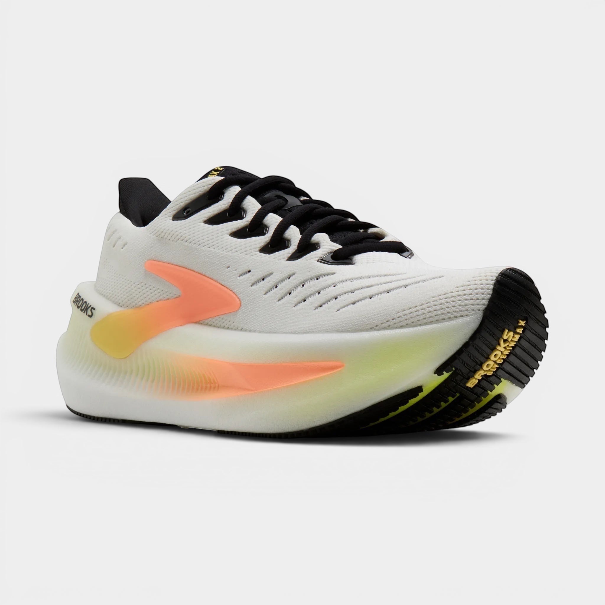 Read's Uniforms white and yellow Brooks Glycerin Max 2 women's running shoe with orange accents and black laces.
