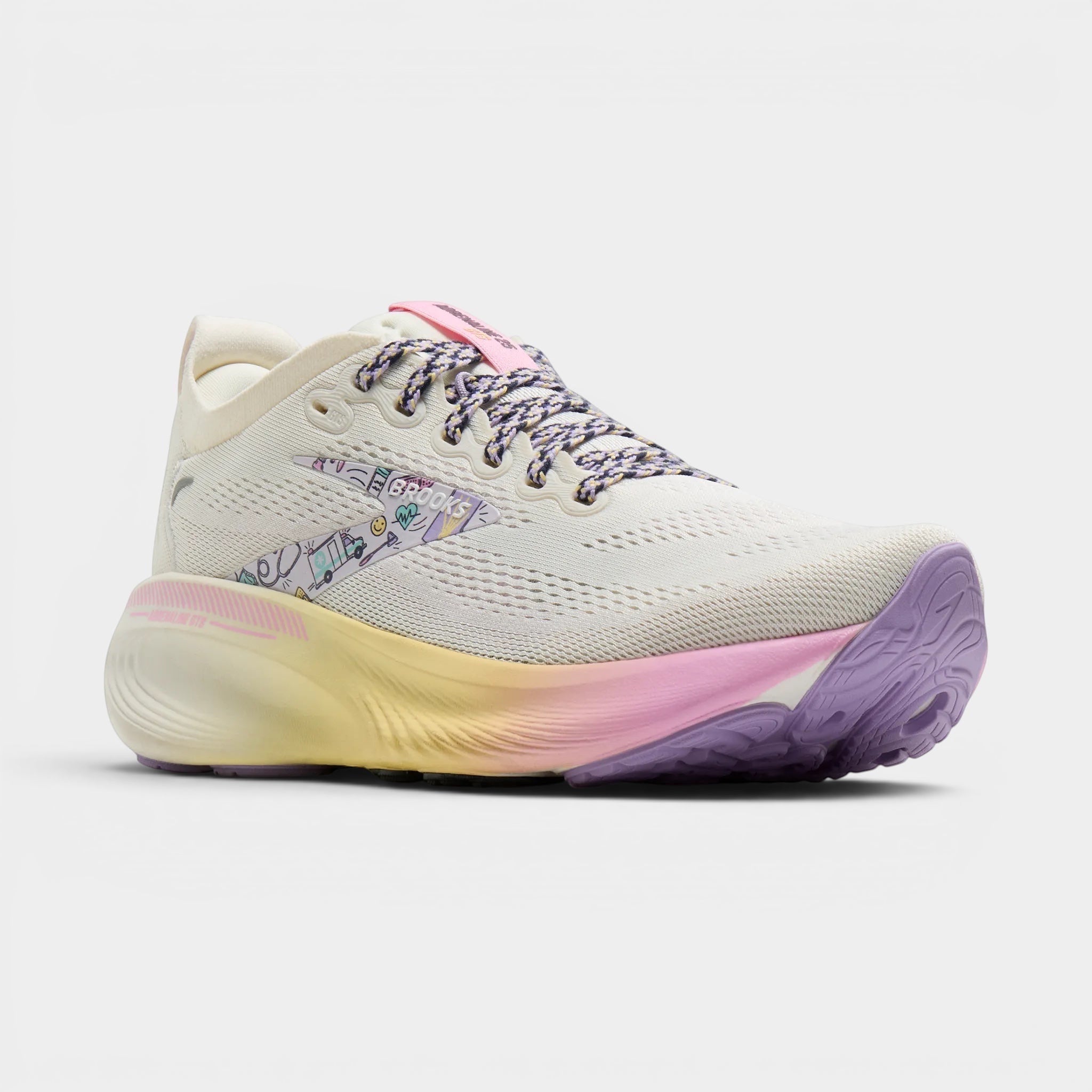 Read's Uniforms Adrenaline GTS 25 women's running shoe in cream with purple and pink accents, featuring a playful graphic design on the side and gradient midsole.