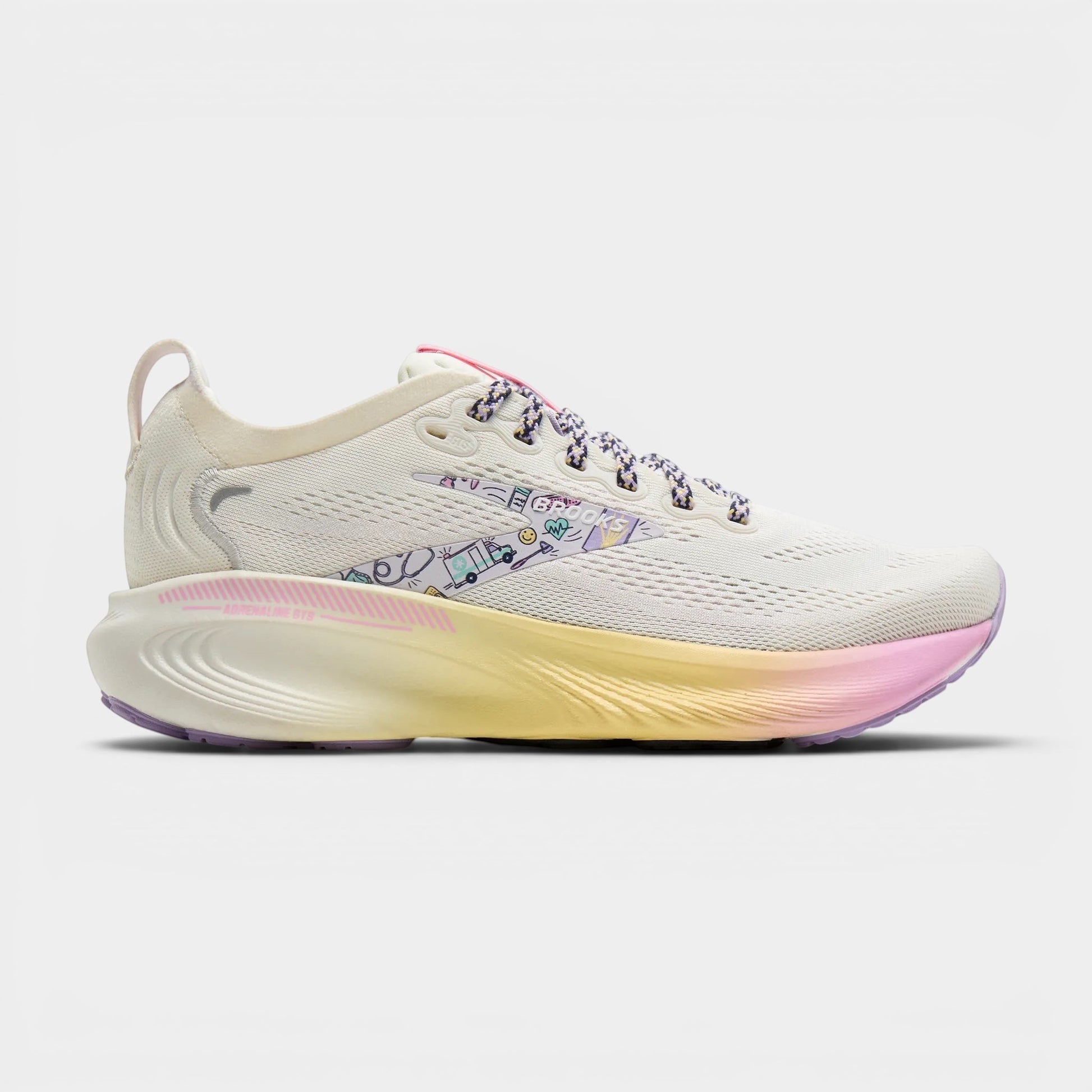 Read's Uniforms Adrenaline GTS 25 women's running shoe in cream with pastel graphic details and a gradient sole.