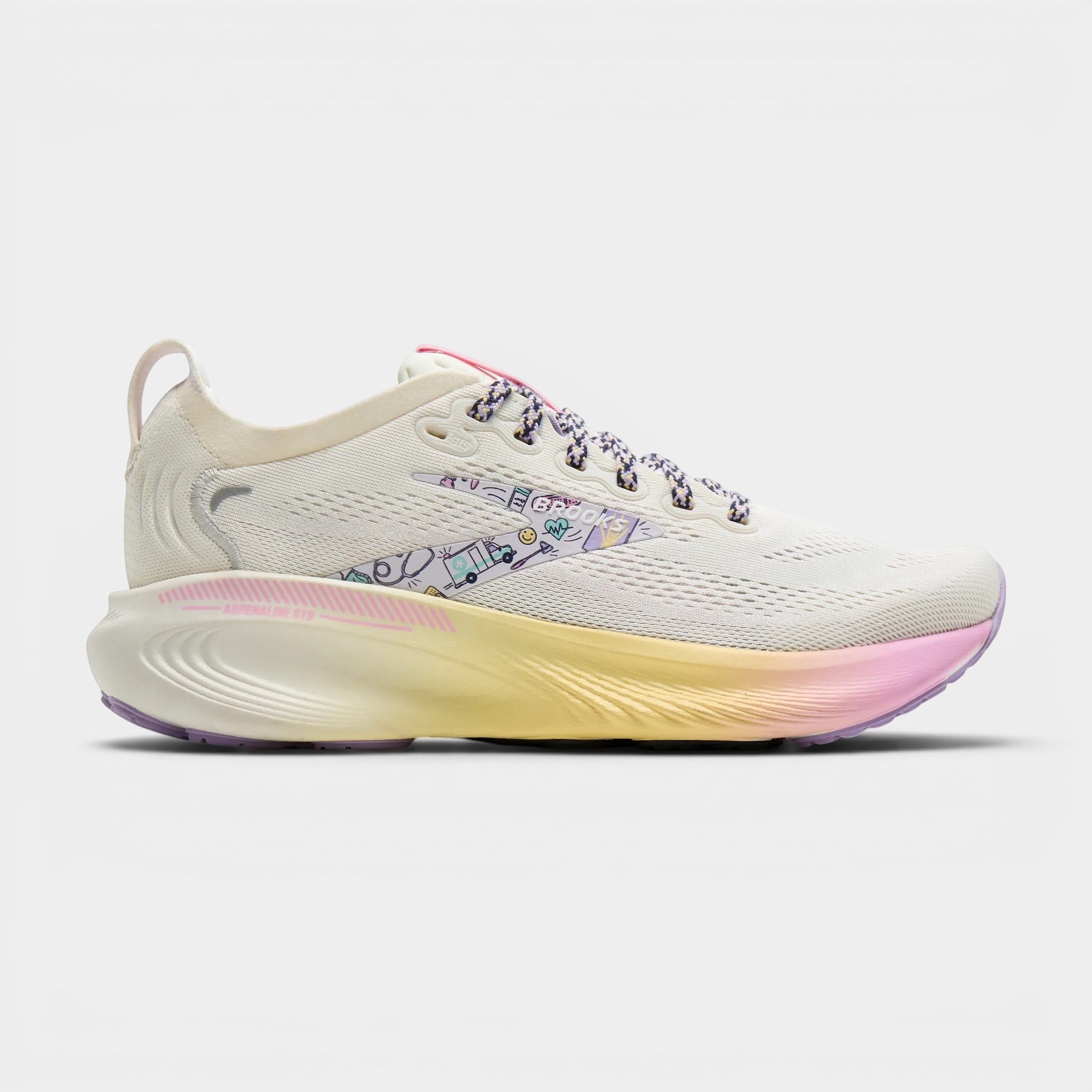 Read's Uniforms Adrenaline GTS 25 women's running shoe in cream with pastel graphic details and a gradient sole.