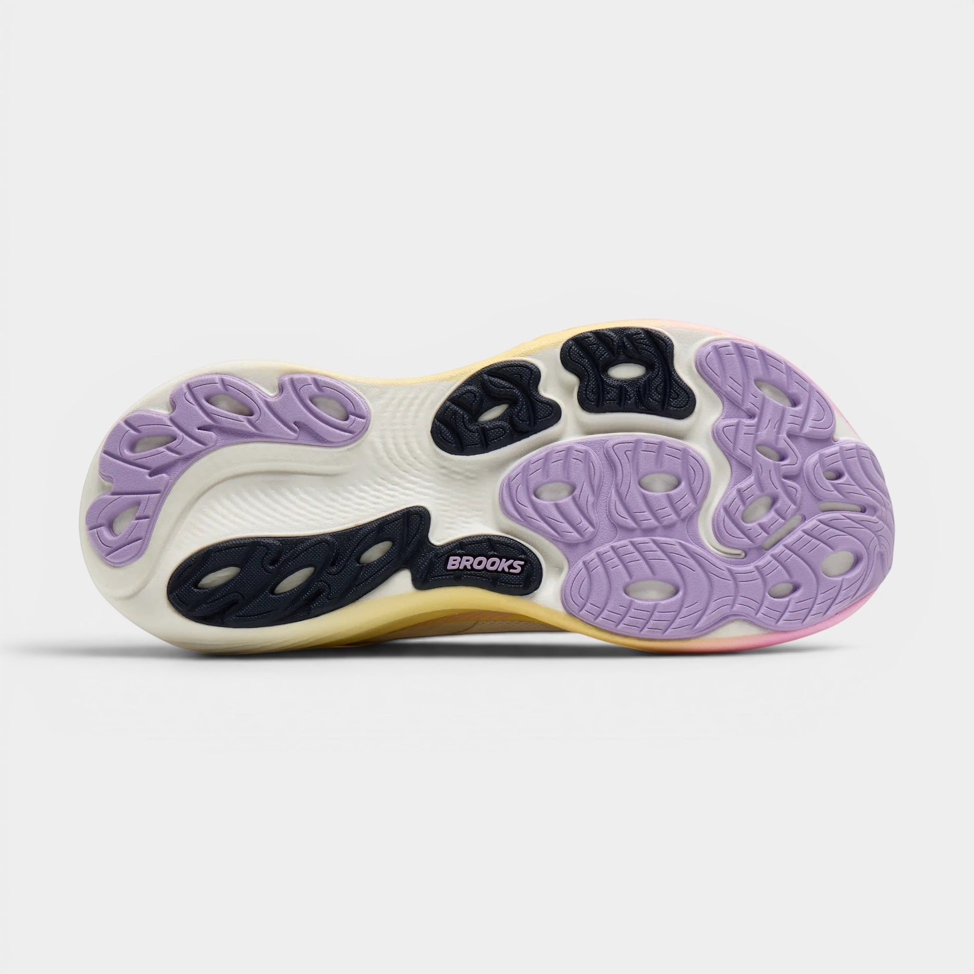 Read's Uniforms Brooks Adrenaline GTS 25 women's running shoe sole with lavender, black, and yellow accents. Features GuideRails support.