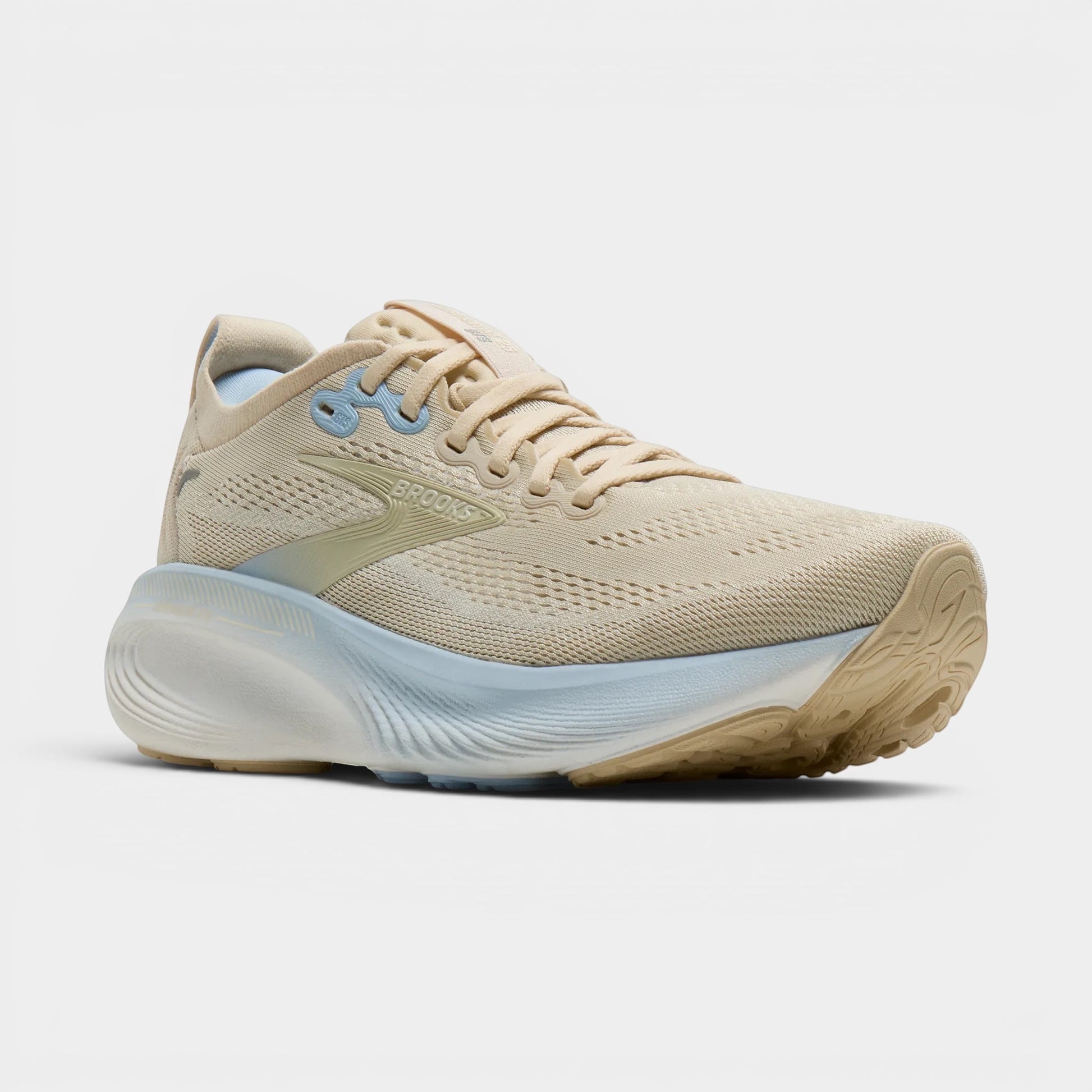 Read's Uniforms Adrenaline GTS 25 women's running shoe in beige with light blue accents. Breathable mesh upper and balanced cushioning.