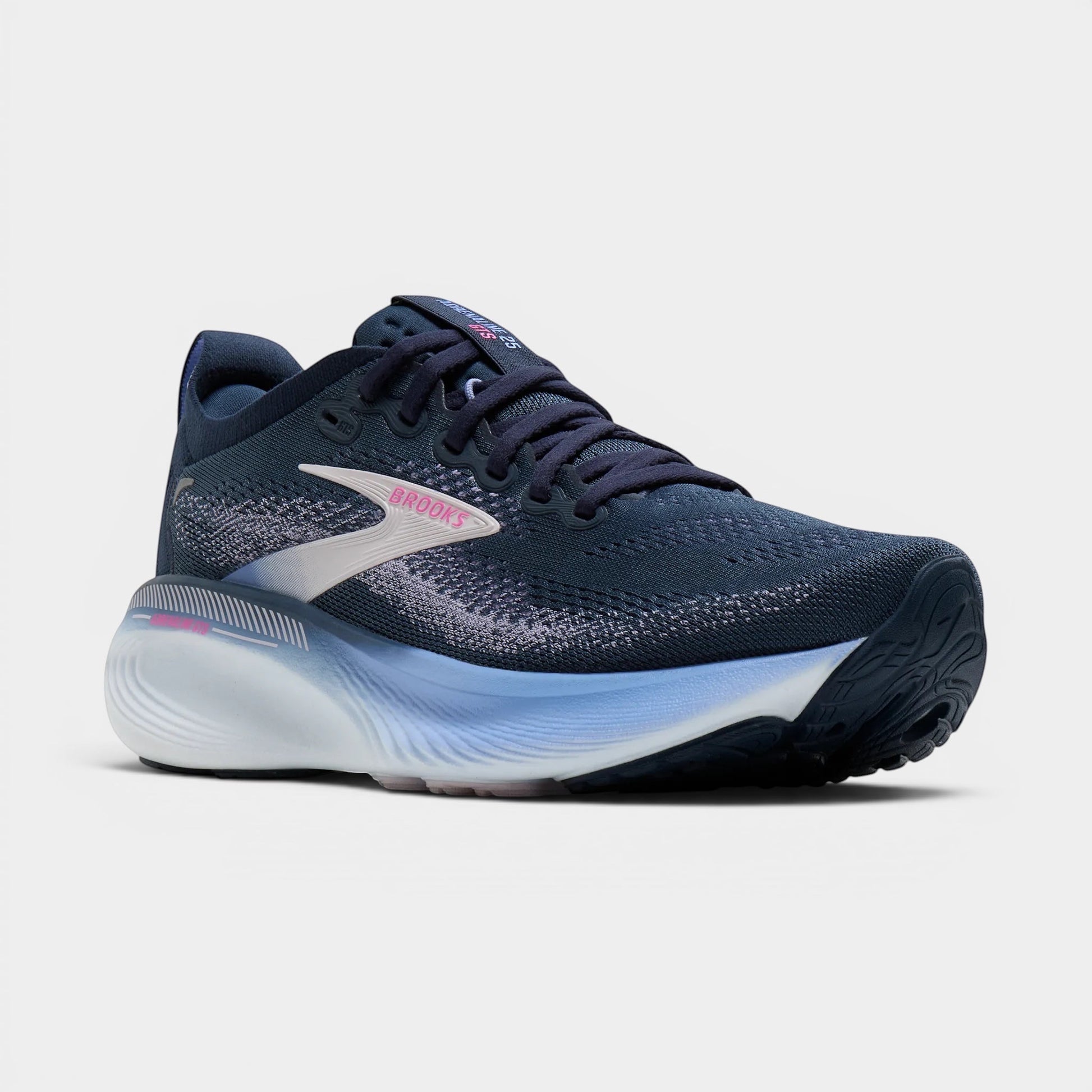 Read's Uniforms Brooks Adrenaline GTS 25 women's navy blue mesh running shoe with pink accents and white sole.