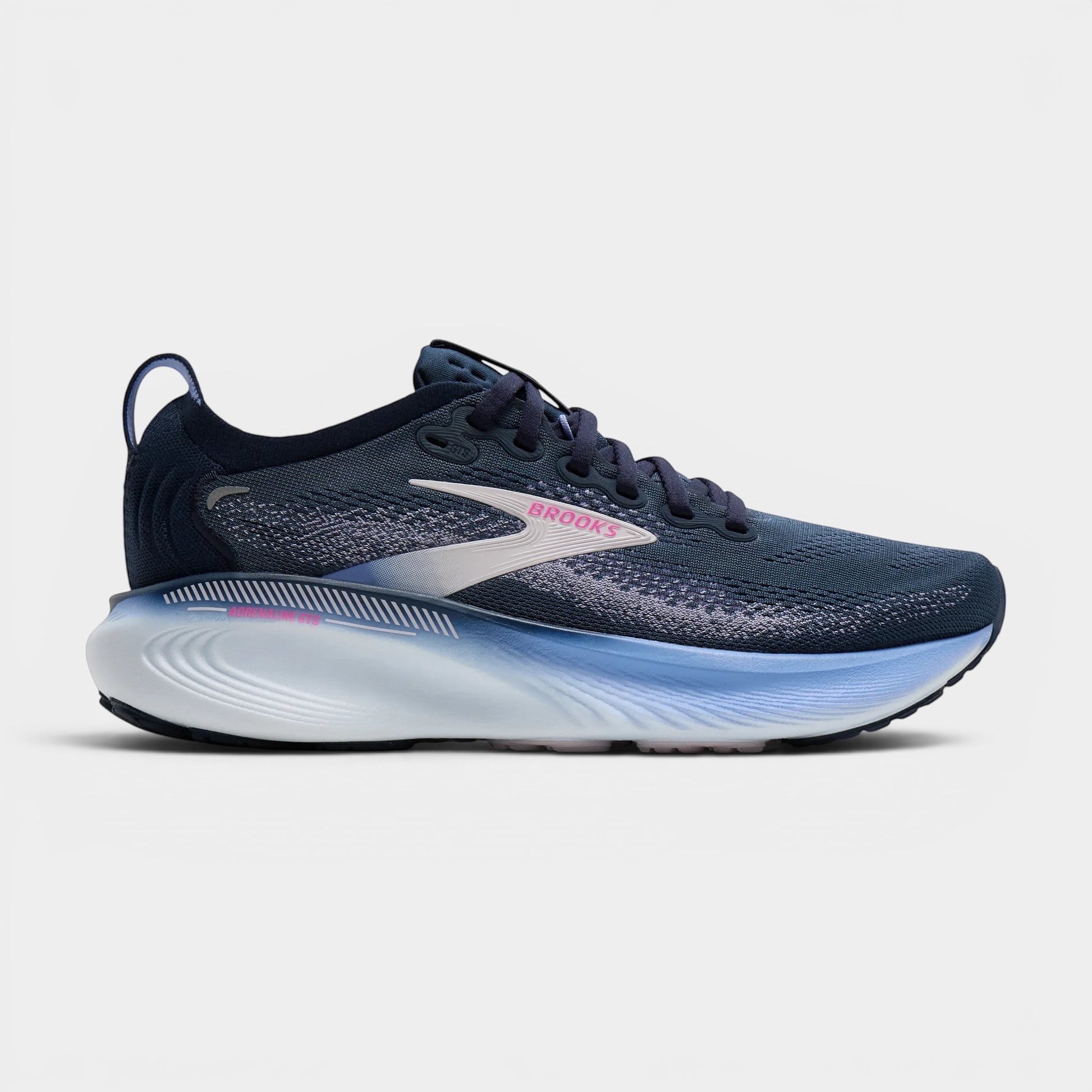 Read's Uniforms Adrenaline GTS 25 women's navy blue running shoe with pink accents and white sole. Features breathable mesh upper and GuideRails support.