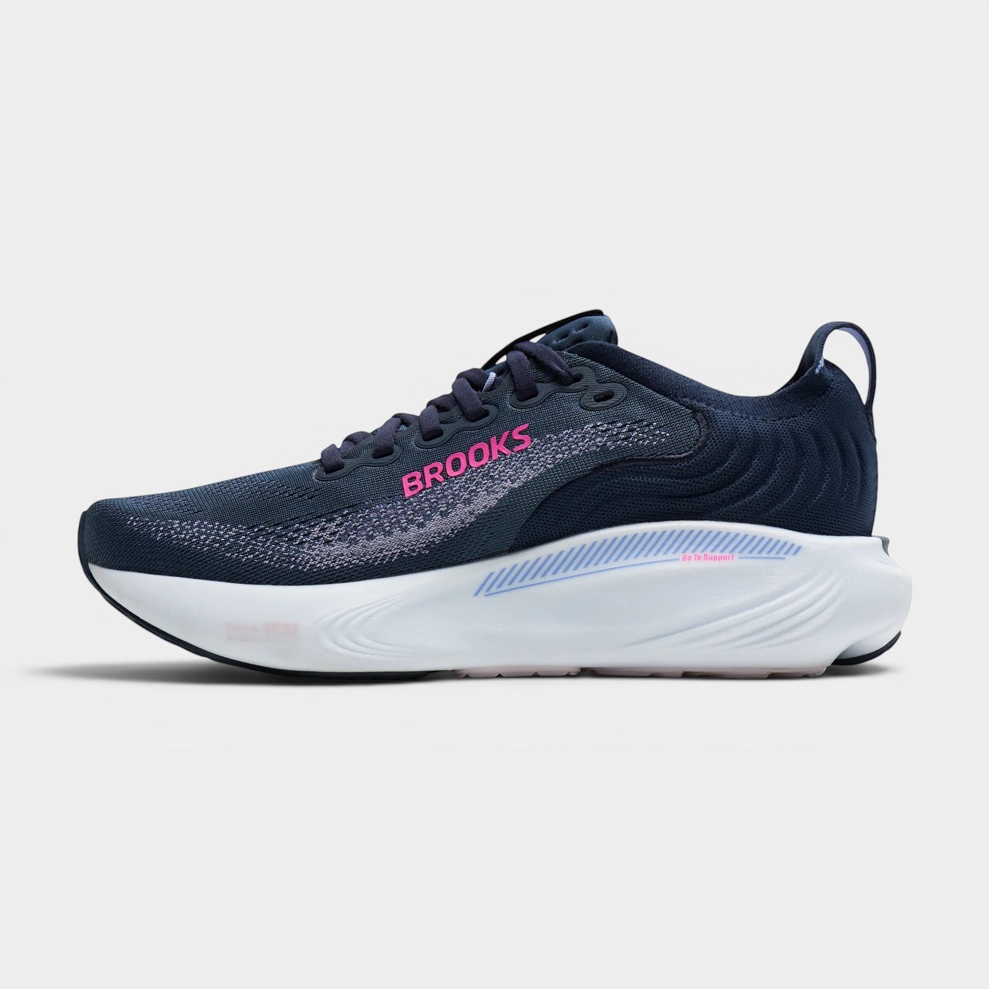 Read's Uniforms Adrenaline GTS 25 women's navy blue running shoe with pink accents and white sole. Features breathable mesh upper and GuideRails support.