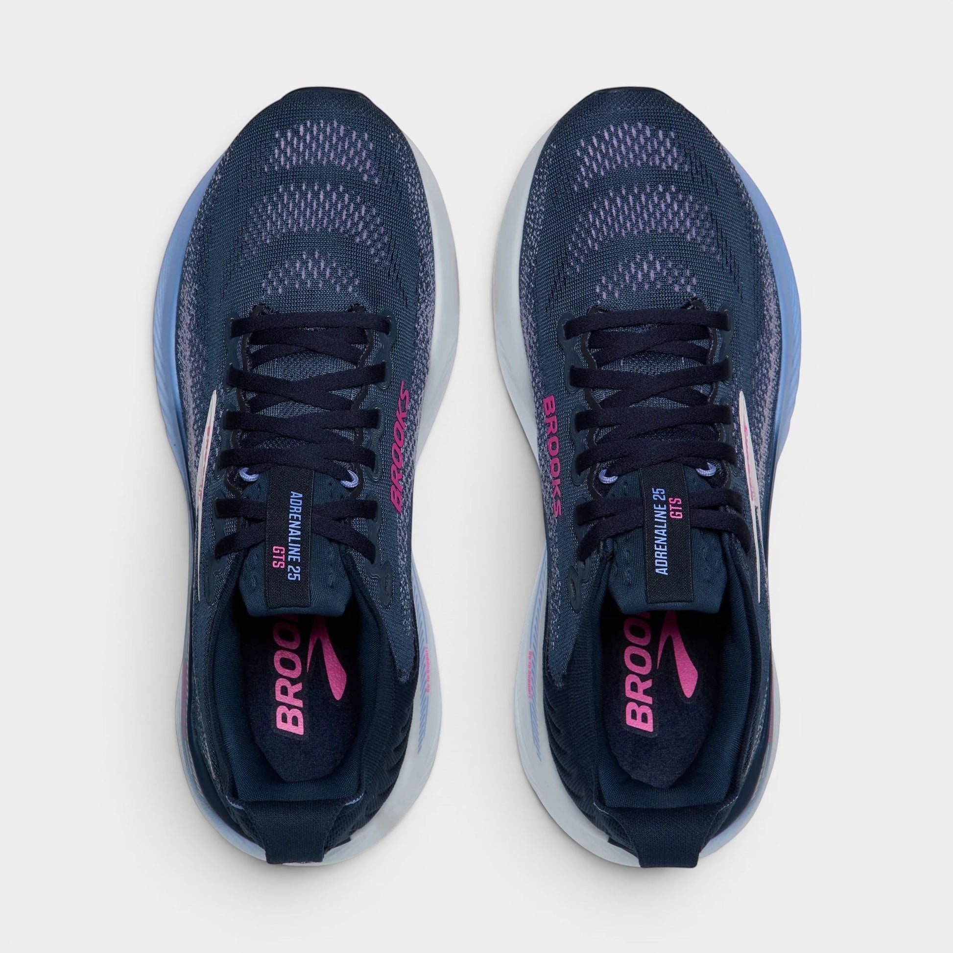 Read's Uniforms women's navy blue Brooks Adrenaline GTS 25 running shoes with pink accents and breathable mesh upper.
