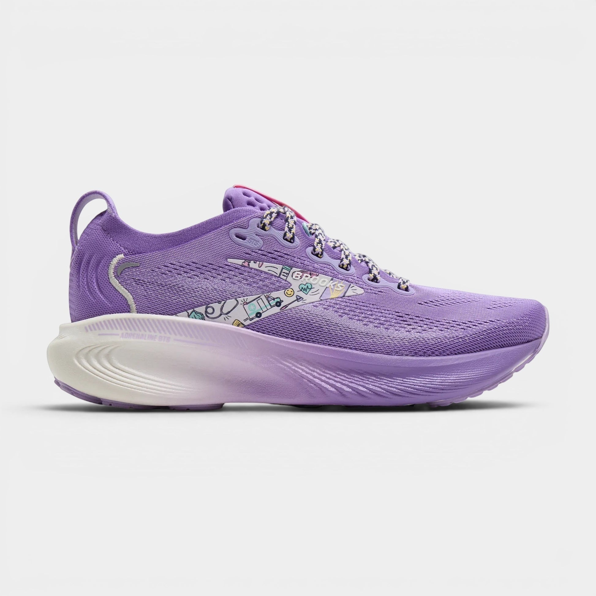 Read's Uniforms Adrenaline GTS 25 women's lavender running shoe with white sole and playful graphic details on the side.