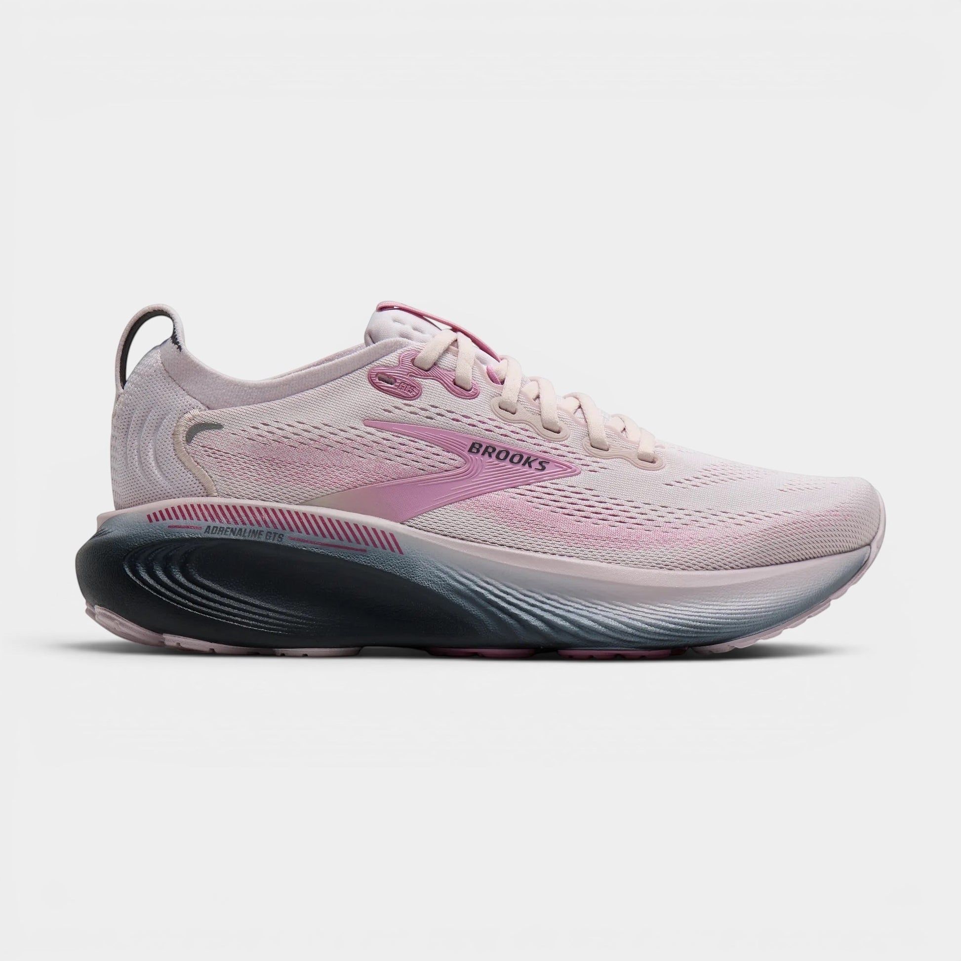 Read's Uniforms Adrenaline GTS 25 women's light pink breathable mesh running shoe with pink accents and a dark grey sole.