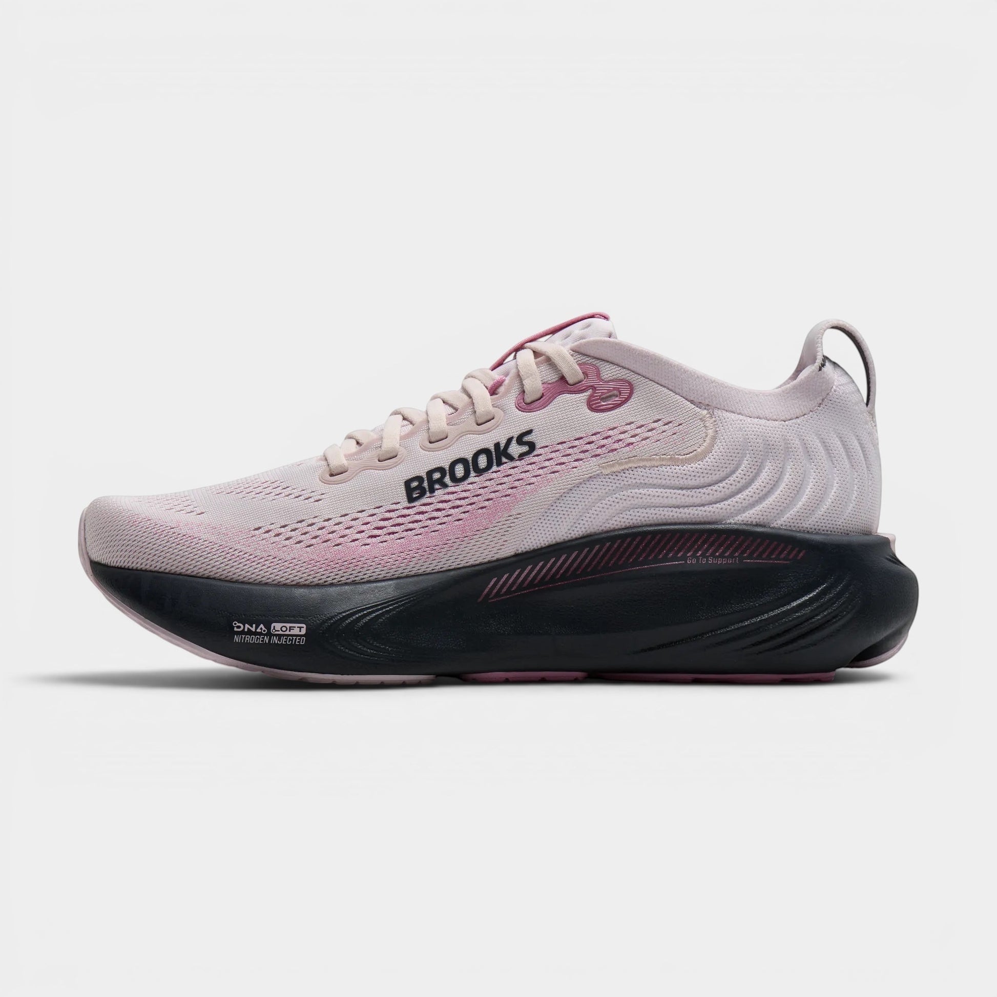Read's Uniforms Adrenaline GTS 25 women's light pink and black breathable mesh running shoe with GuideRails support.