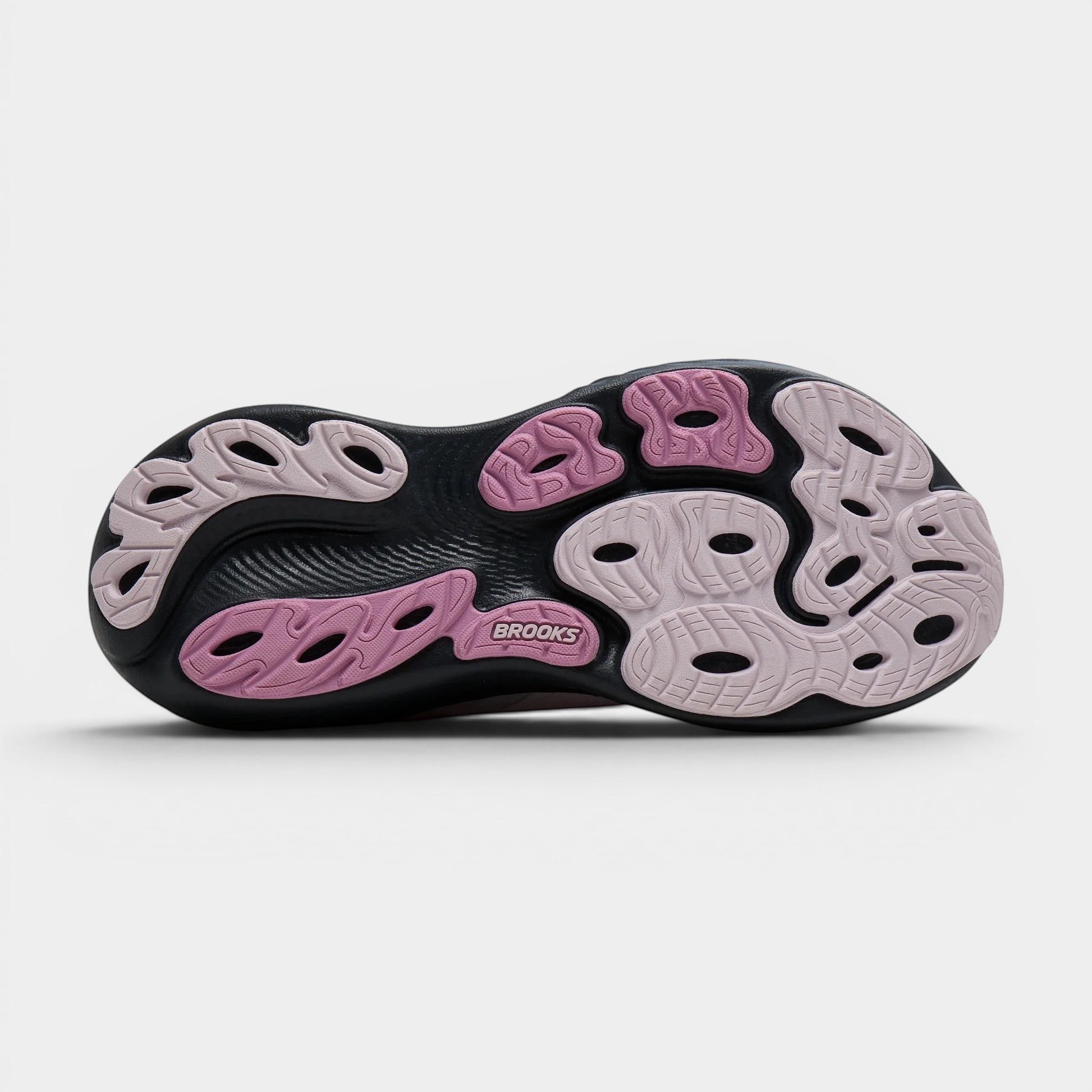 Read's Uniforms Brooks Adrenaline GTS 25 women's running shoe sole in black and light pink with unique tread pattern.