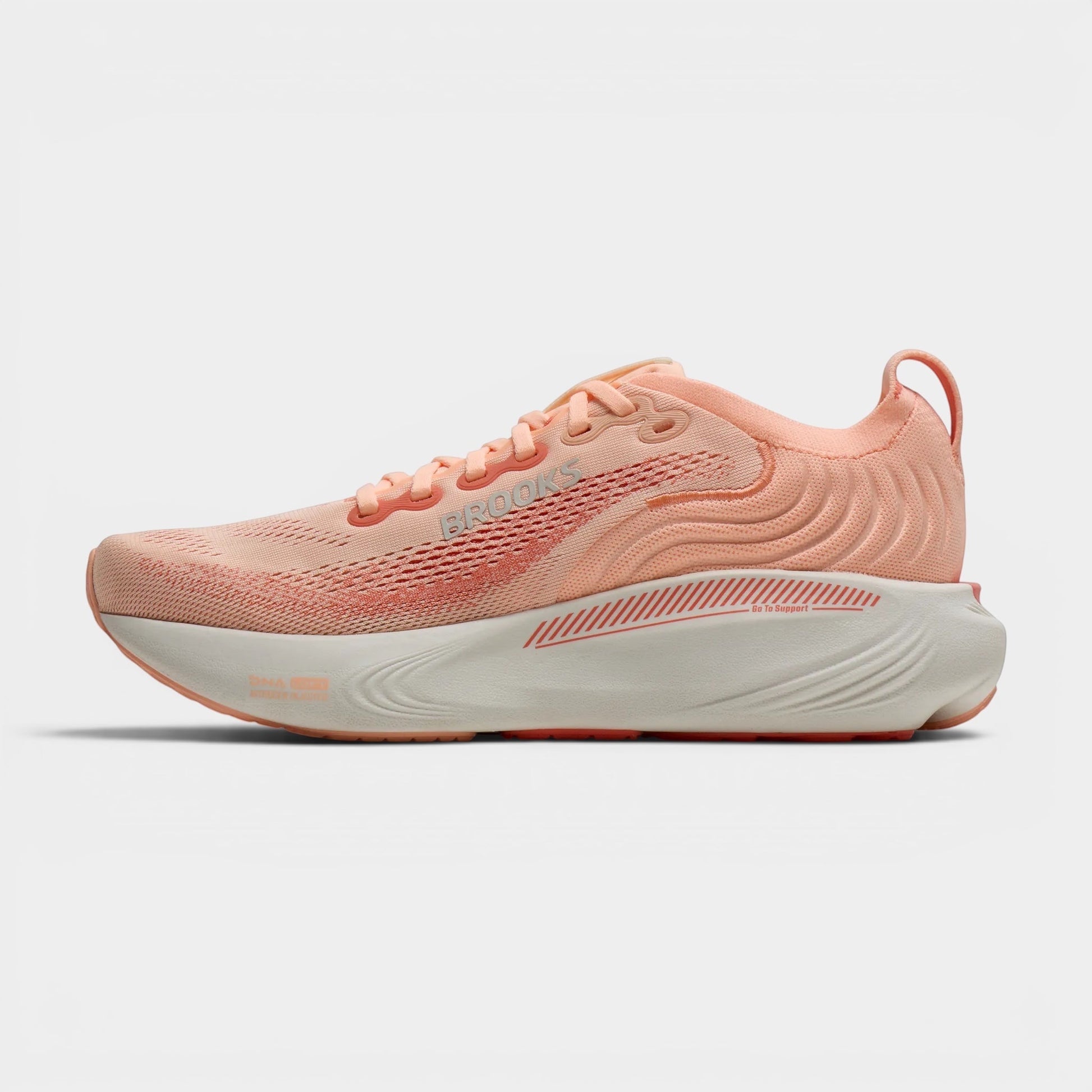Read's Uniforms Adrenaline GTS 25 women's peach mesh running shoe with white sole and GuideRails support.