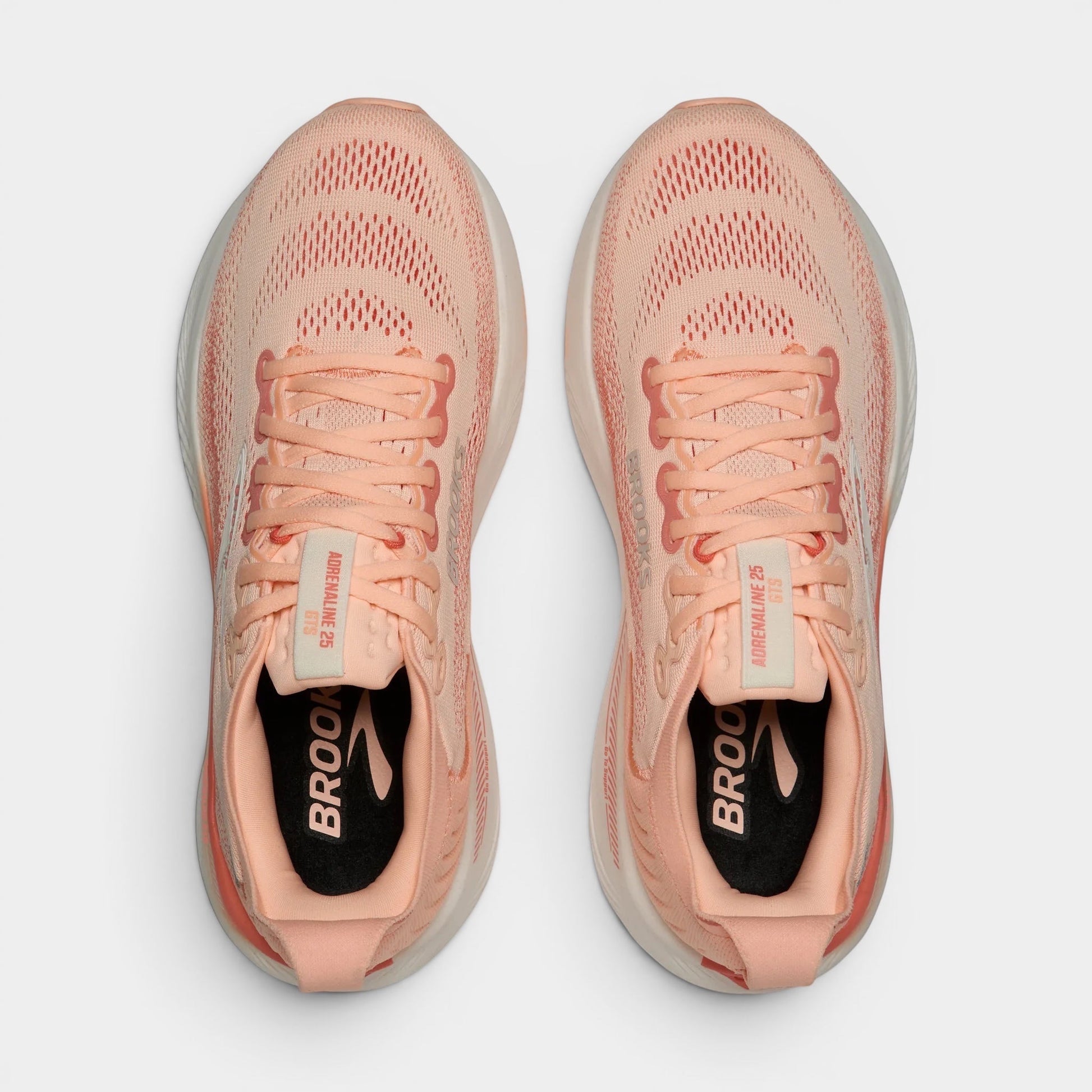 Read's Uniforms Adrenaline GTS 25 women's running shoes in peach. Breathable mesh upper with balanced cushioning and GuideRails support.