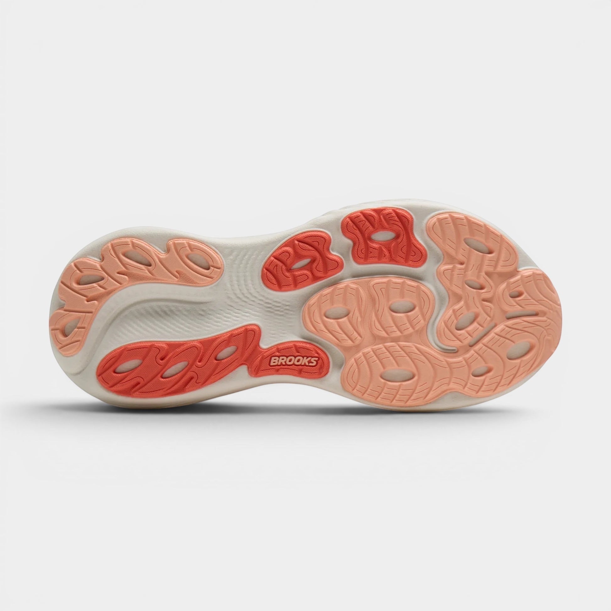 Read's Uniforms Adrenaline GTS 25 women's running shoe sole in beige with coral and peach accents. Features Brooks GuideRails technology.