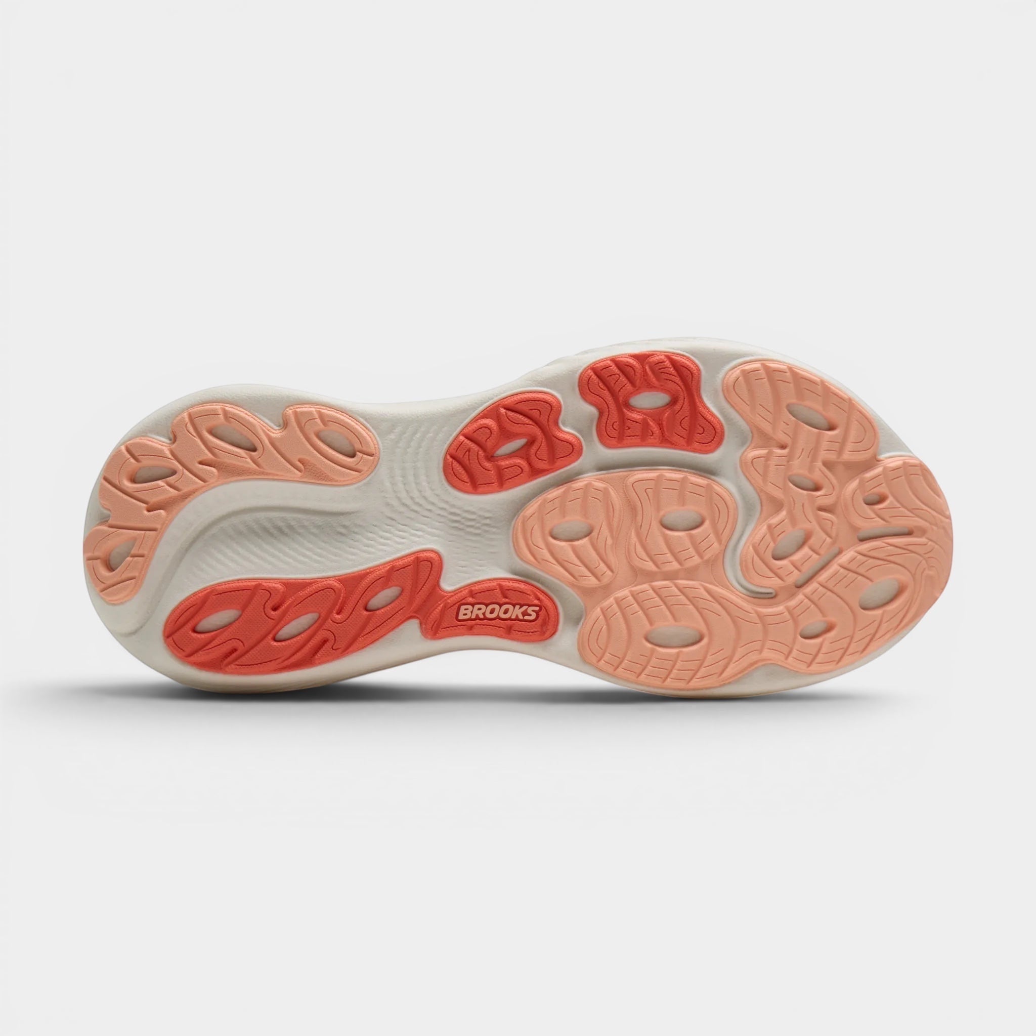 Read's Uniforms Adrenaline GTS 25 women's running shoe sole in beige with coral and peach accents. Features Brooks GuideRails technology.