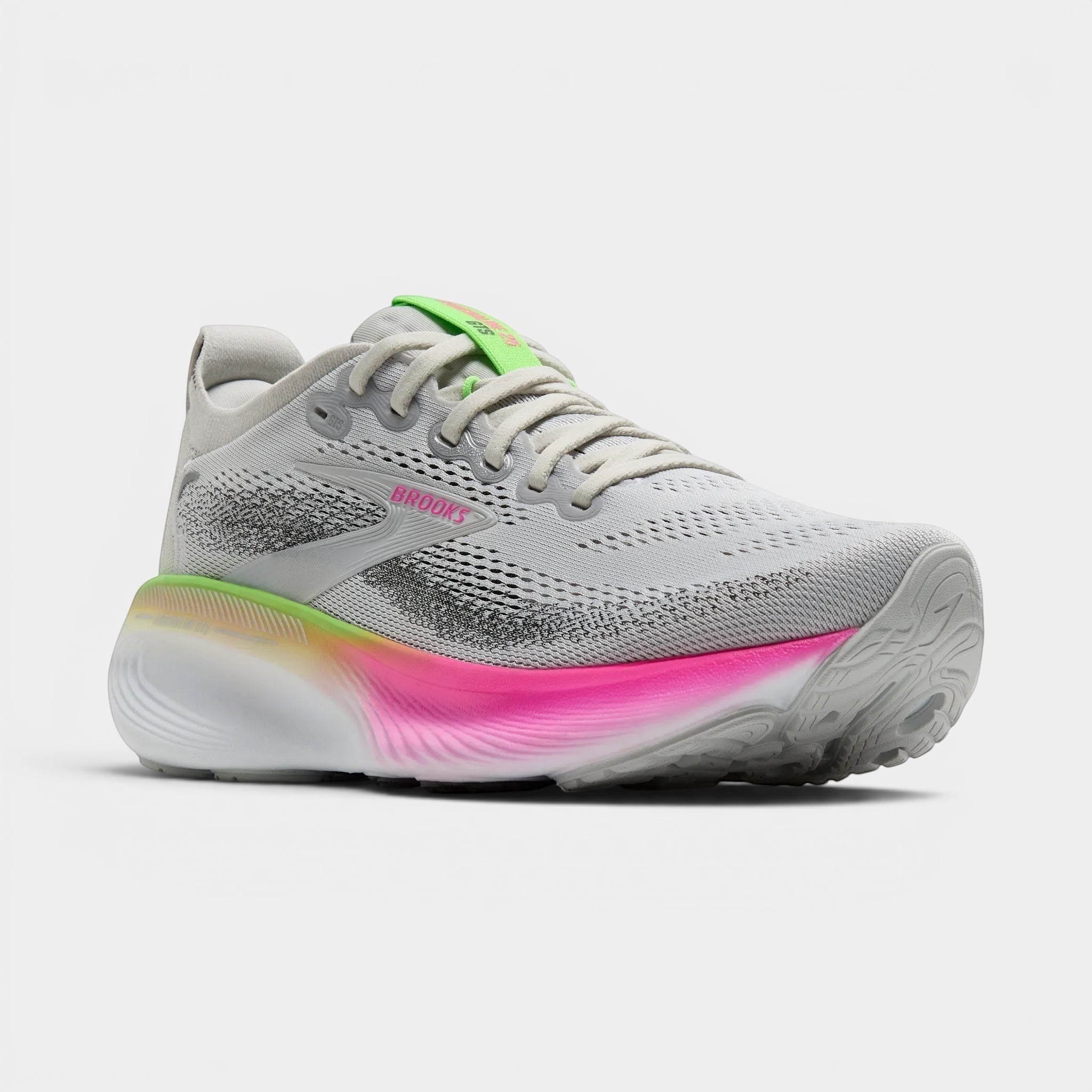 Read's Uniforms Adrenaline GTS 25 women's running shoe in light grey with pink and neon green accents. Features breathable mesh upper and supportive cushioning.