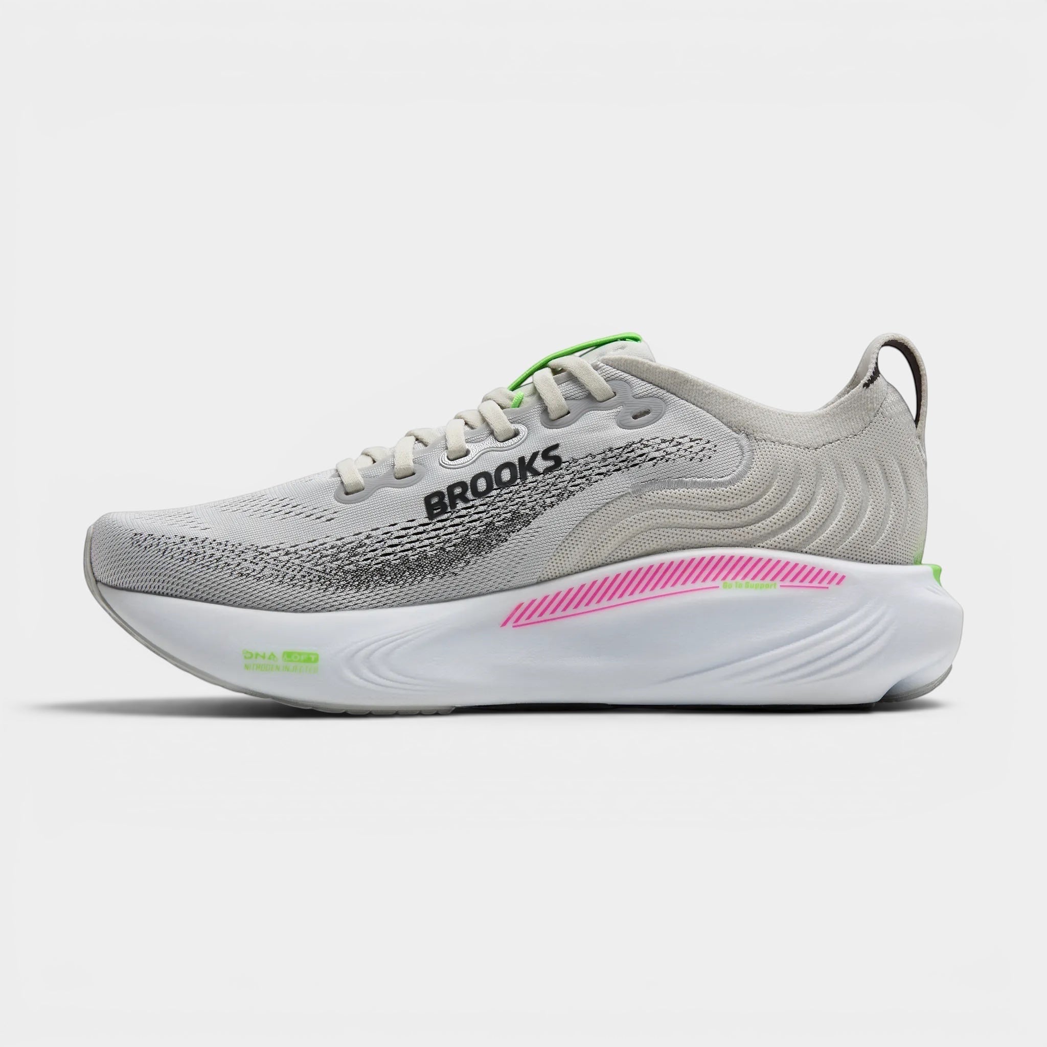 Read's Uniforms Adrenaline GTS 25 light grey mesh running shoes with white sole, pink and green accents.