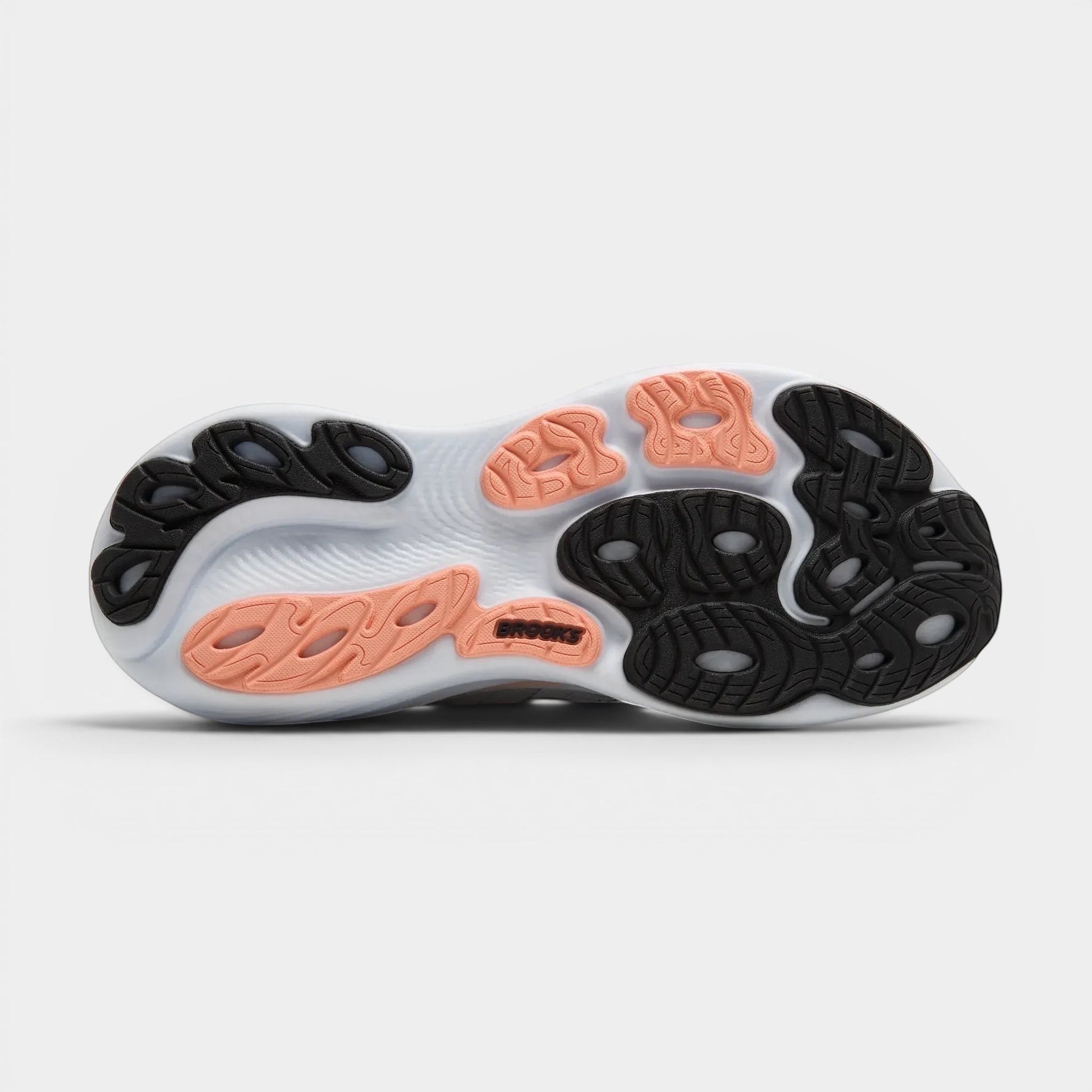 Read's Uniforms Adrenaline GTS 25 running shoe sole with black and coral rubber pods on a white midsole.