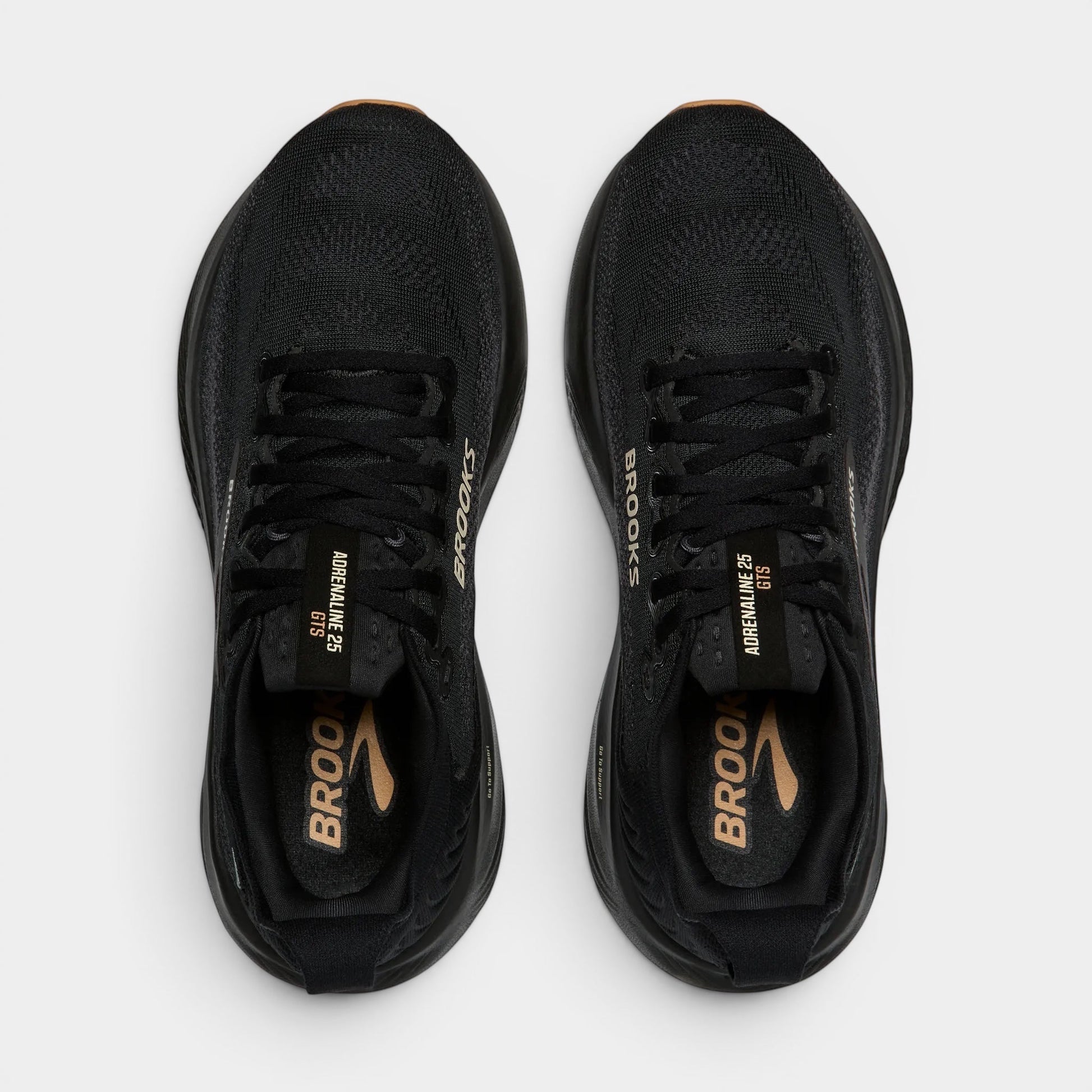 Read's Uniforms black mesh Brooks Adrenaline 25 GTS running shoes with gold accents and laces.