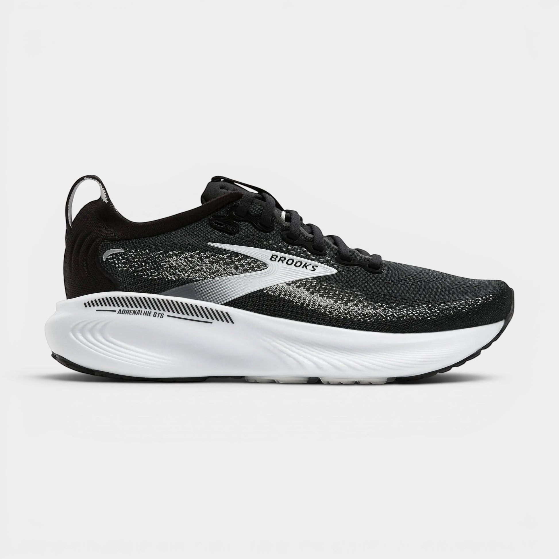 Read's Uniforms black Brooks Adrenaline GTS 25 running shoe with white sole and speckled knit upper.