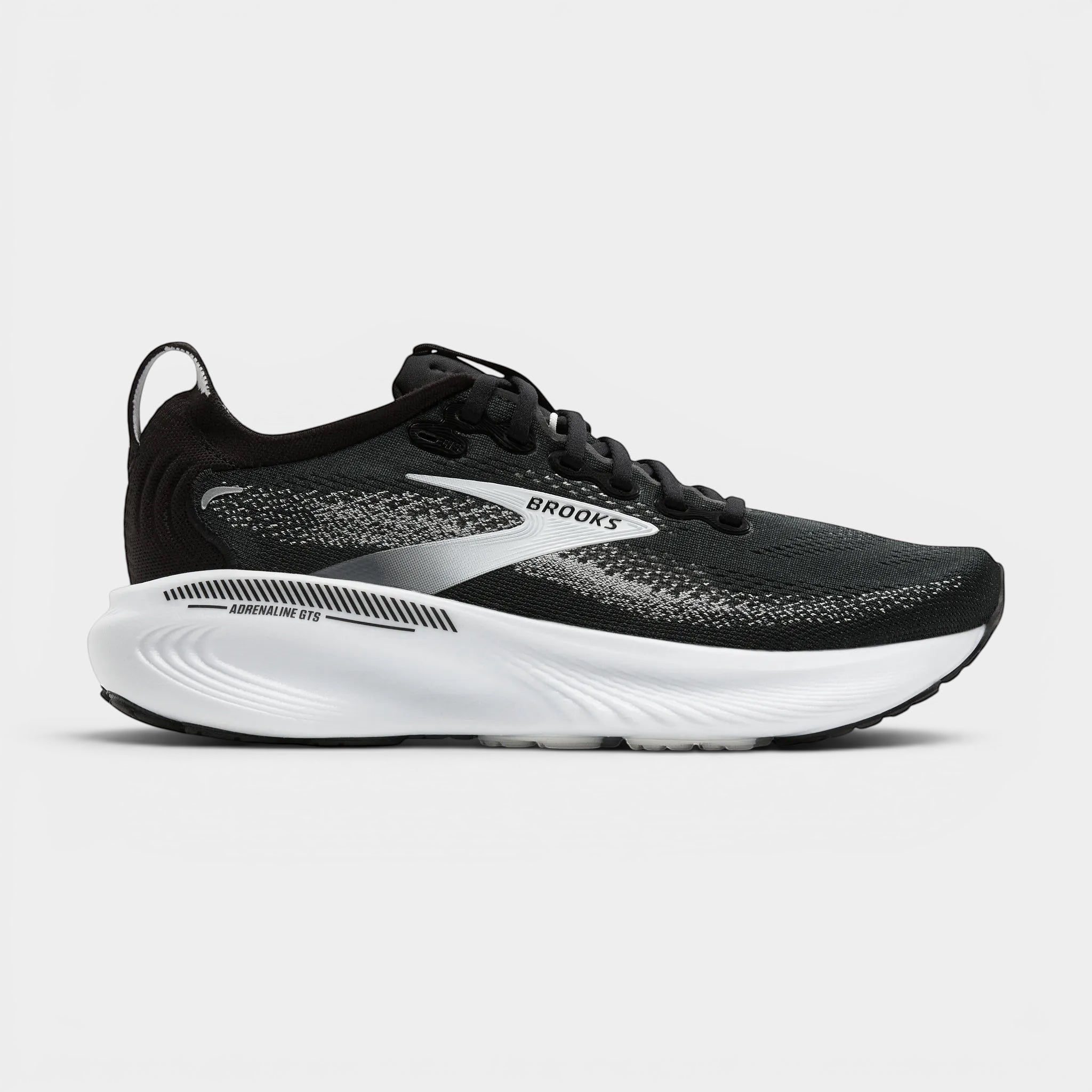 Read's Uniforms black Brooks Adrenaline GTS 25 running shoe with white sole and speckled knit upper.