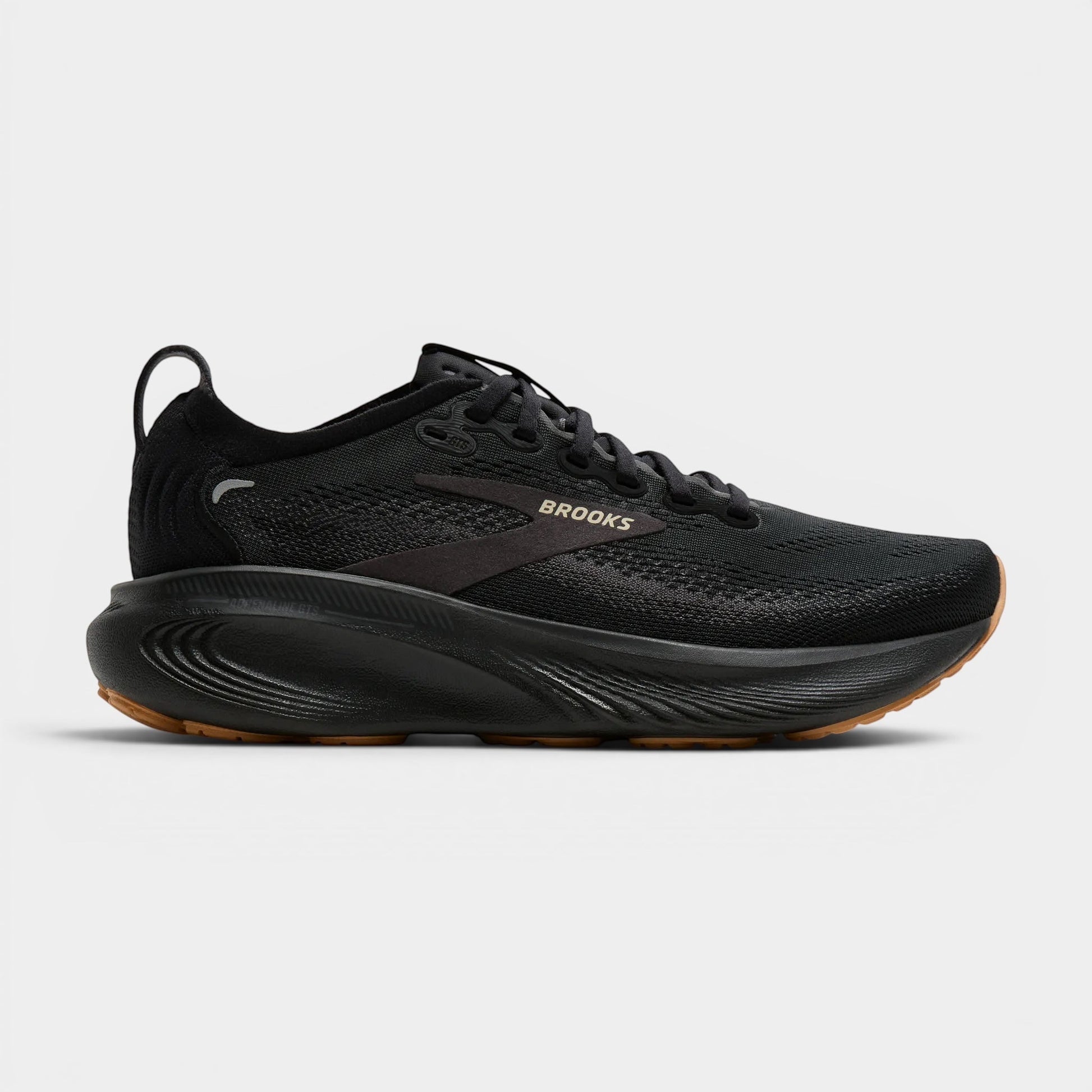 Read's Uniforms black Brooks Adrenaline GTS 25 running shoes with a gum sole and textured detailing.