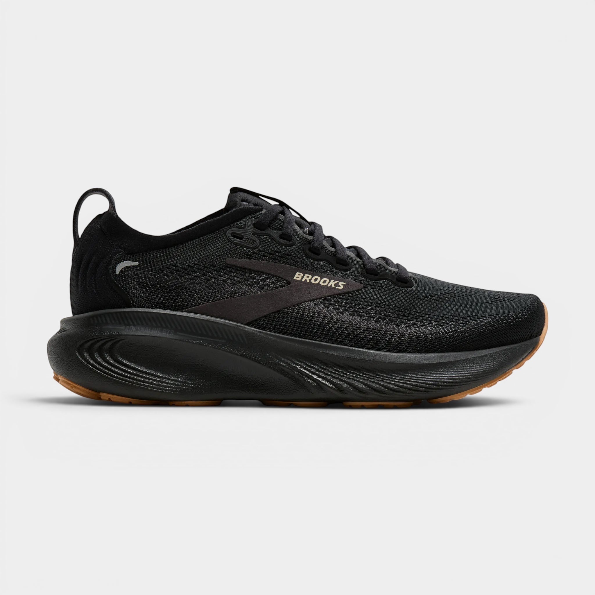 Read's Uniforms black Brooks Adrenaline GTS 25 running shoes with a gum sole and textured detailing.