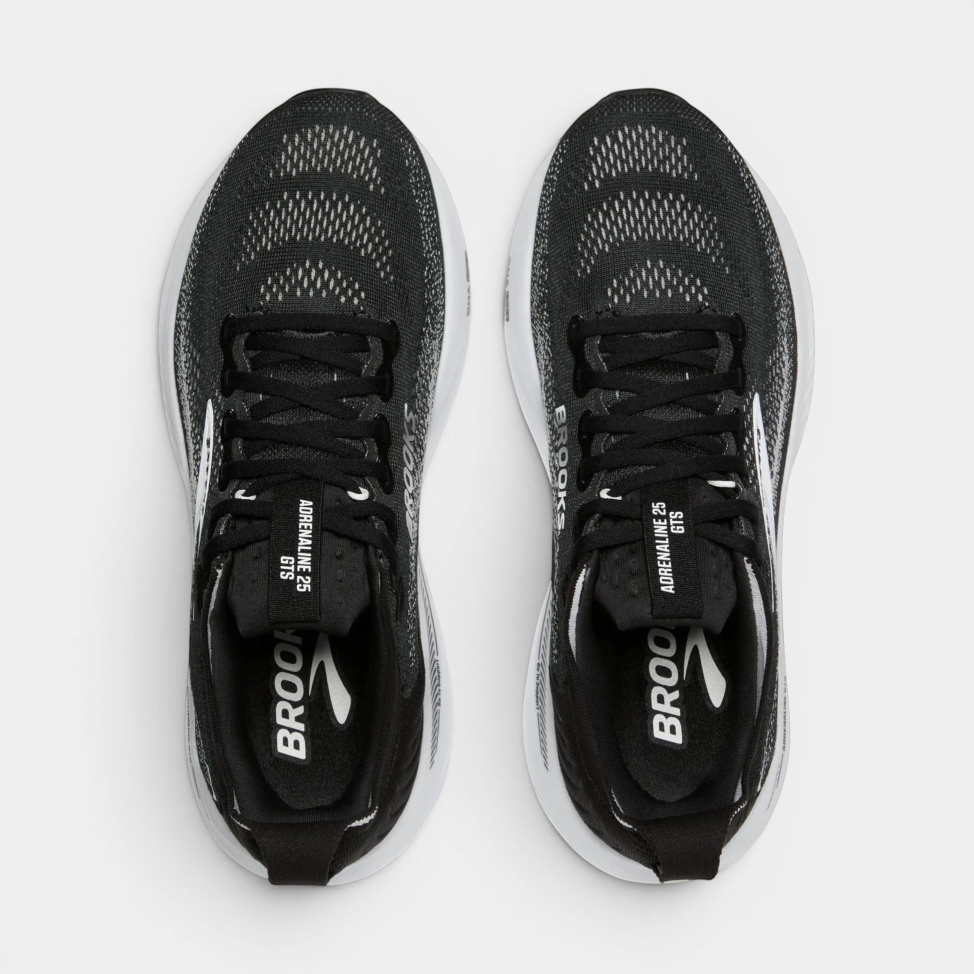Read's Uniforms black and white Brooks Adrenaline GTS 25 running shoes with mesh uppers and white soles.