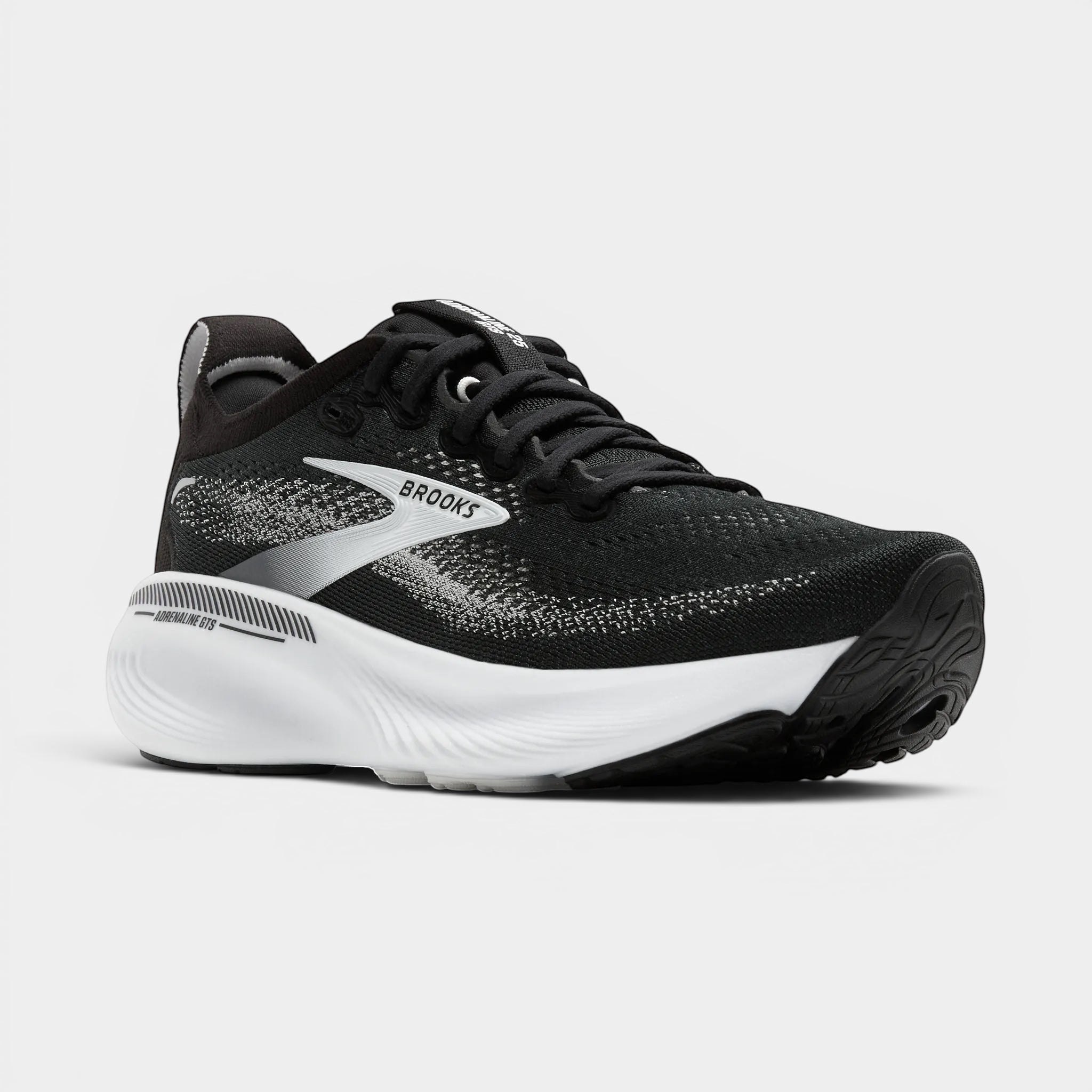 Read's Uniforms black and white Brooks Adrenaline GTS 25 women's running shoe with breathable mesh upper and GuideRails support.